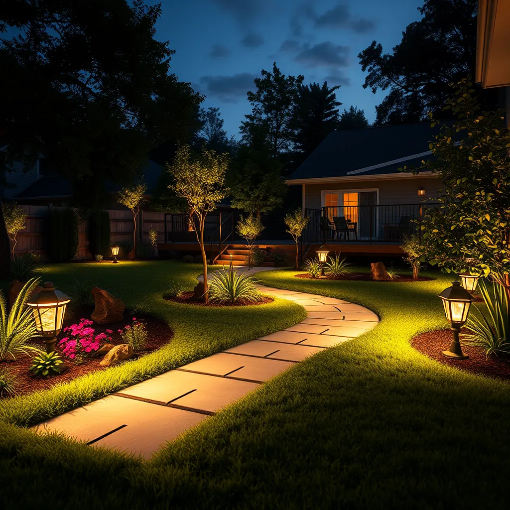 An elegantly lit backyard during twilight, featuring strategically placed landscape lights highlighting pathways, a deck, and decorative plants. The softly glowing lights create a warm atmosphere, with shadows beautifully playing across the grass and flowers.