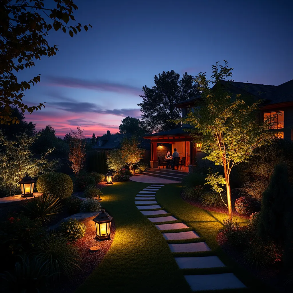 An elegantly lit garden at dusk, showcasing beautifully designed landscape lights highlighting plants, paths, and trees, with a warm ambiance, and a homeowner enjoying the serene outdoor space.
