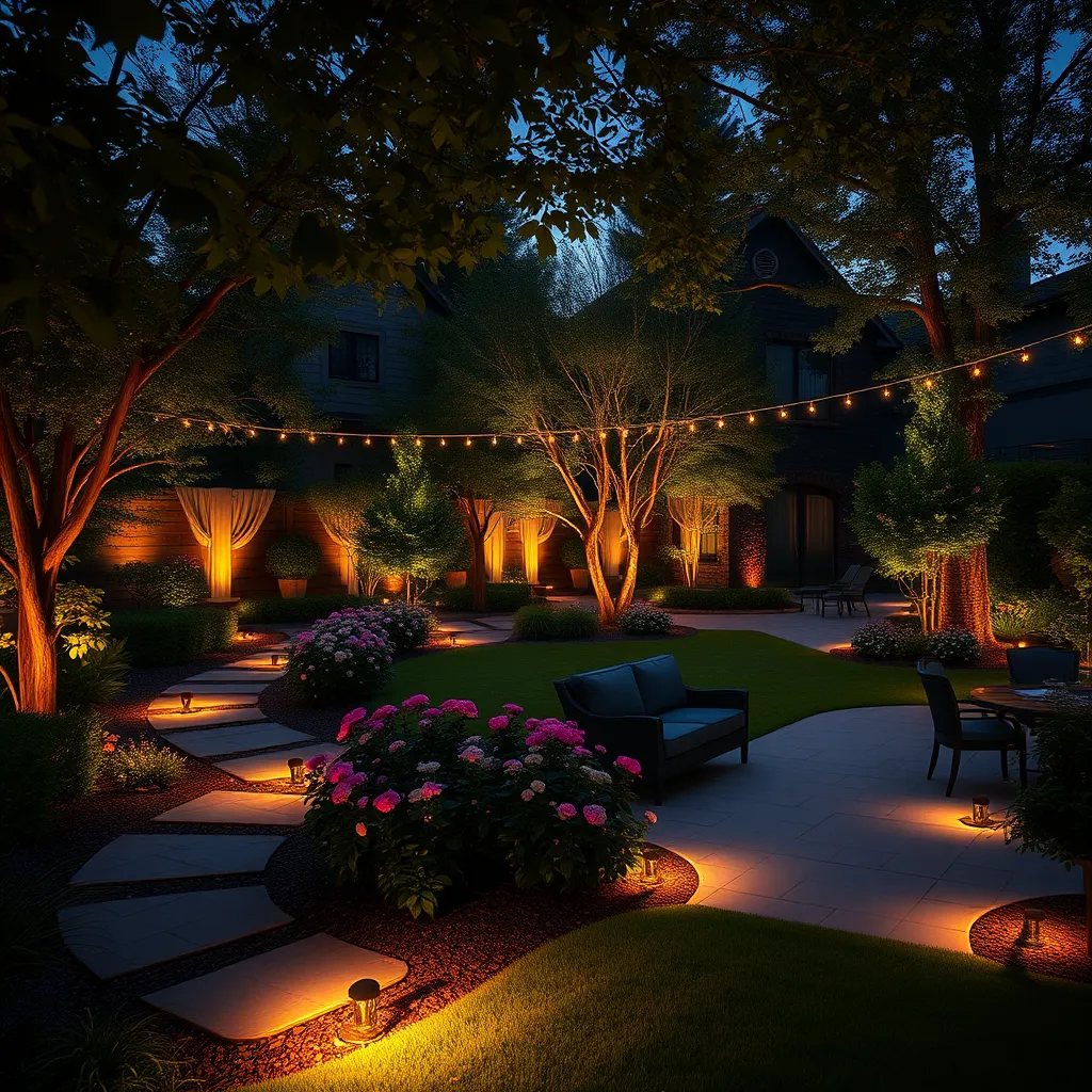 An enchanting evening scene of a beautifully illuminated backyard featuring strategic lighting along pathways, trees, and a patio area. Soft, warm lights cast shadows that emphasize garden features, highlighting vibrant flowers and a cozy outdoor seating area, creating a welcoming ambiance.