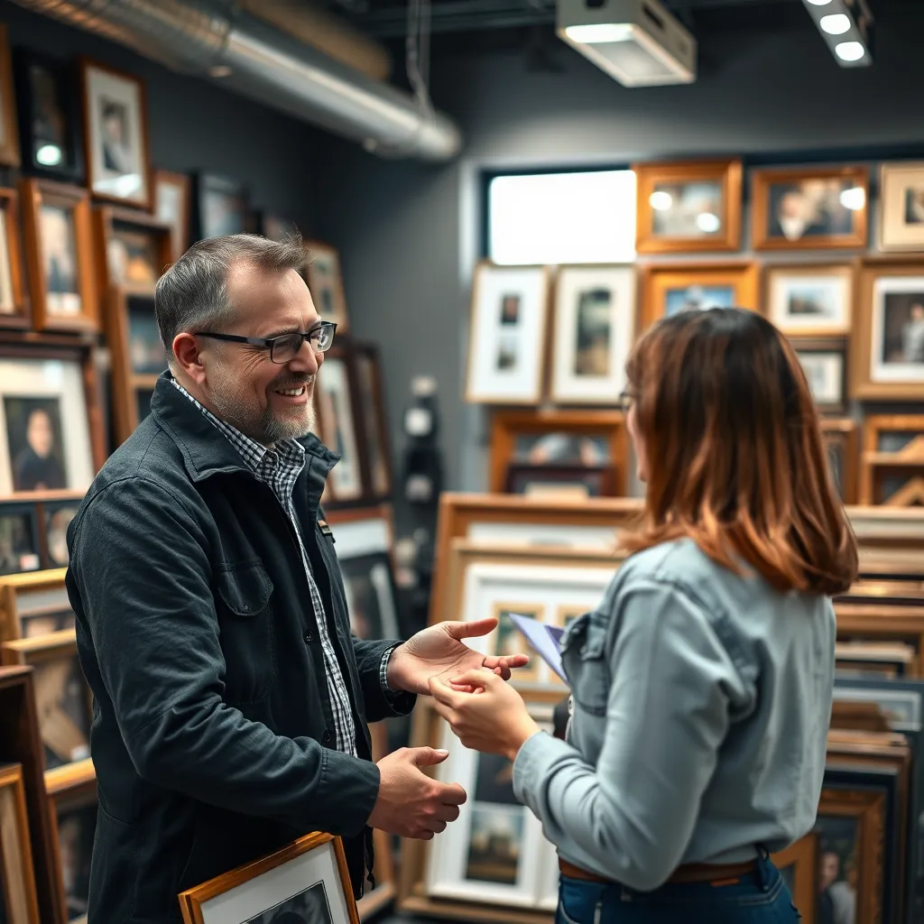 An engaging consultation happening in the framing shop, where a friendly expert is discussing framing options with a client. The backdrop features an array of frame samples on display, and the atmosphere is inviting and professional, emphasizing customer service.