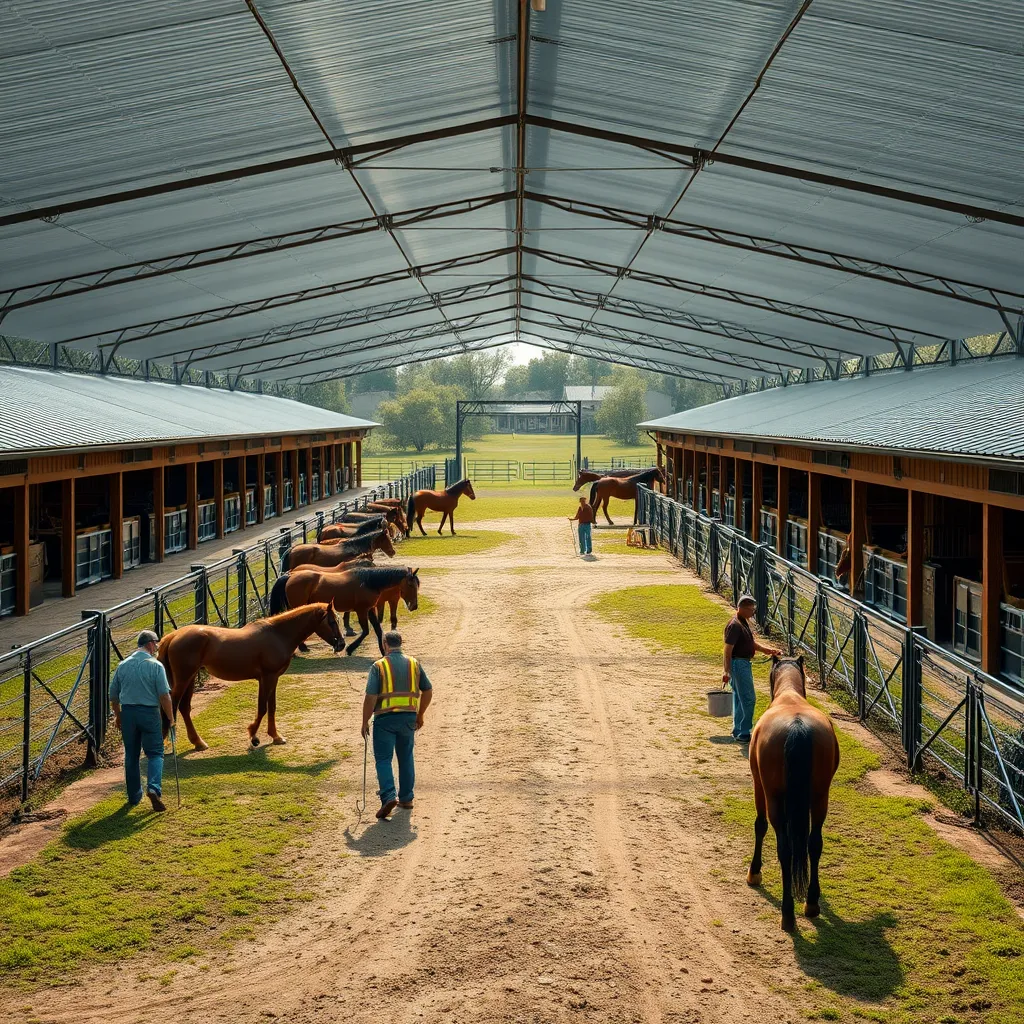 An expansive view of the Green Meadow Stables facility, with well-maintained barns, spacious paddocks, and horses grazing contentedly. The scene shows employees cleaning and caring for the stables, emphasizing the excellent facilities and horse welfare.