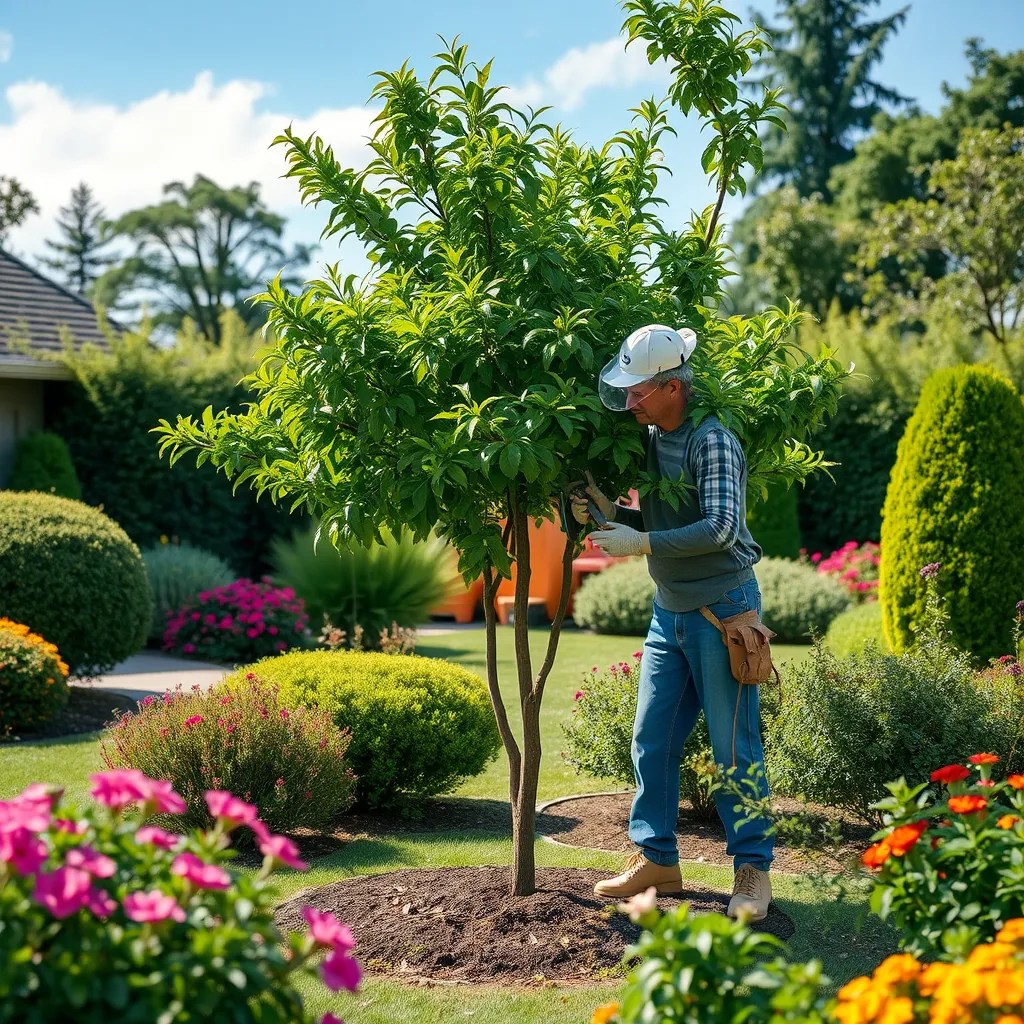An experienced gardener meticulously pruning a healthy tree in a beautiful yard, with various shrubs surrounding the area. The gardener is using professional tools, and the image captures the lush greenery, vibrant colors of flowers, and a clear sky in the backdrop.