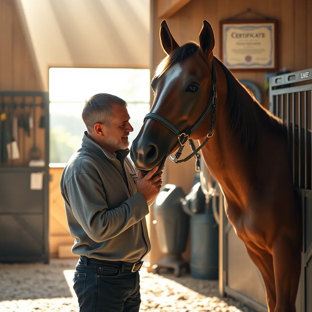 An experienced stable manager interacting gently with a beautiful horse inside a sunlit stable. The background features neatly organized stable equipment, with the stables' licensing certificate framed on the wall, conveying professionalism and care.