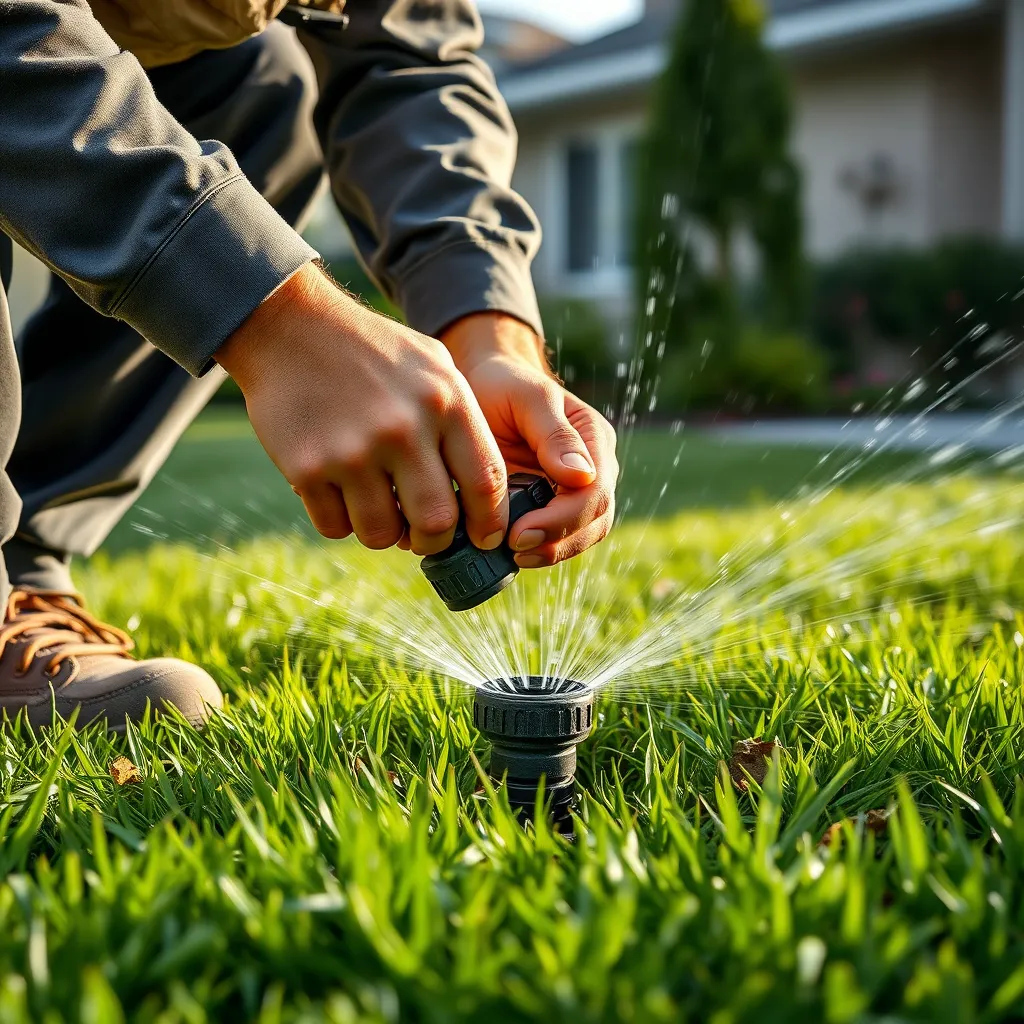 An experienced technician repairing a broken sprinkler head in a residential garden. The focus should be on the technician's skilled hands, tools, and the green grass around, emphasizing speed and professionalism in lawn care services.