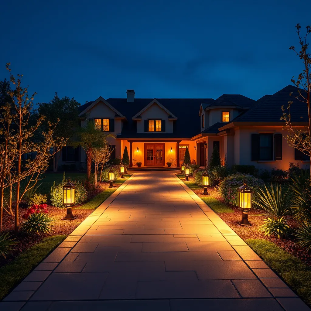 An illuminated outdoor pathway leading to a beautifully lit home, showcasing stylish landscape lighting. Focus on the glowing lights along the pathway and patio areas, highlighting the safe and welcoming ambiance during twilight.