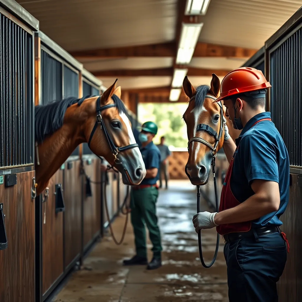 An image depicting staff members at Green Meadow Stables conducting safety checks and grooming horses. The scene should highlight attention to detail with clean stalls and well-cared-for horses, showcasing the high standards of horse care we provide.