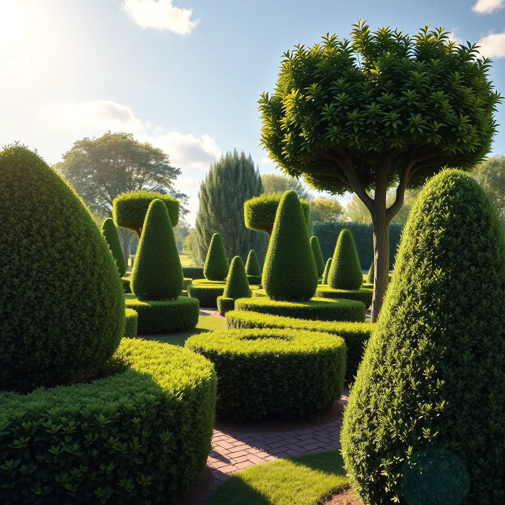 An image showcasing well-trimmed shrubs and perfectly pruned trees in a stunning garden. The scene includes a variety of green shades, and ornamental trees shaped aesthetically, set against a sunny sky and a neatly paved pathway.