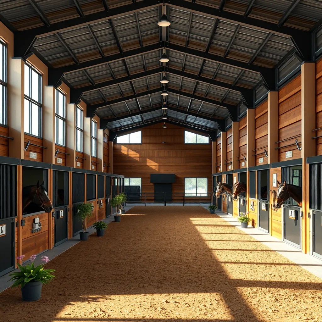 An interior view of a modern horse stable showcasing spacious, climate-controlled stalls, a large indoor riding arena with vibrant lighting, and premium equipment. The stables are adorned with green plants and natural light filtering in through large windows.