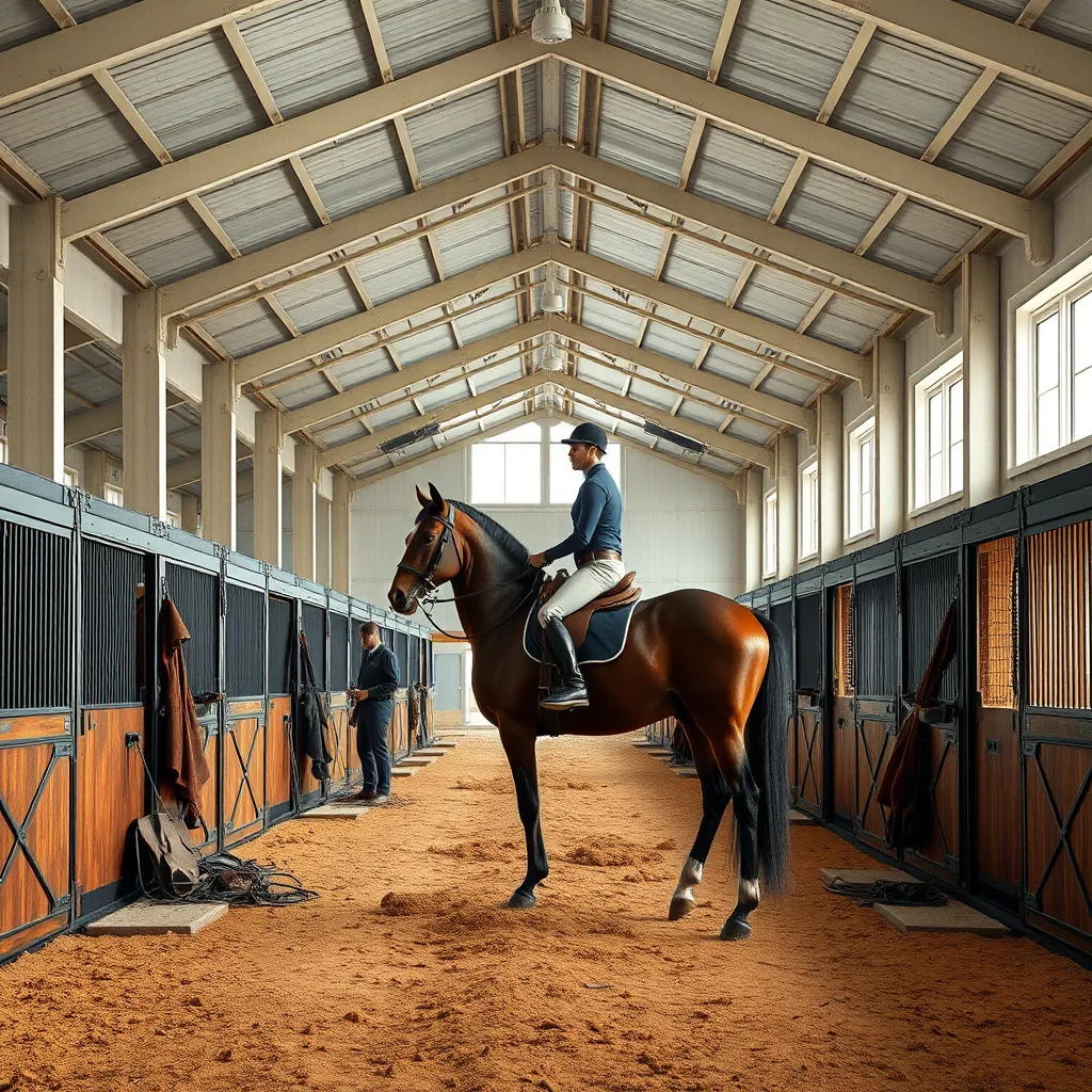 An interior view of a modern horse stable featuring spacious stalls, high ceilings, and safety measures in place, with a rider preparing a horse for training, surrounded by well-maintained tack and equipment. Soft natural light filtering through large windows.