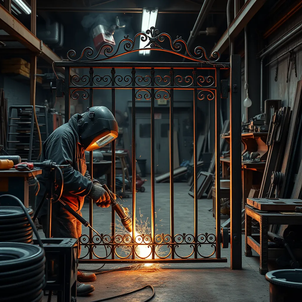 An intricate image showing a welder in the process of forging a custom steel gate, with tools, metalworking machinery, and partially completed projects in the background.
