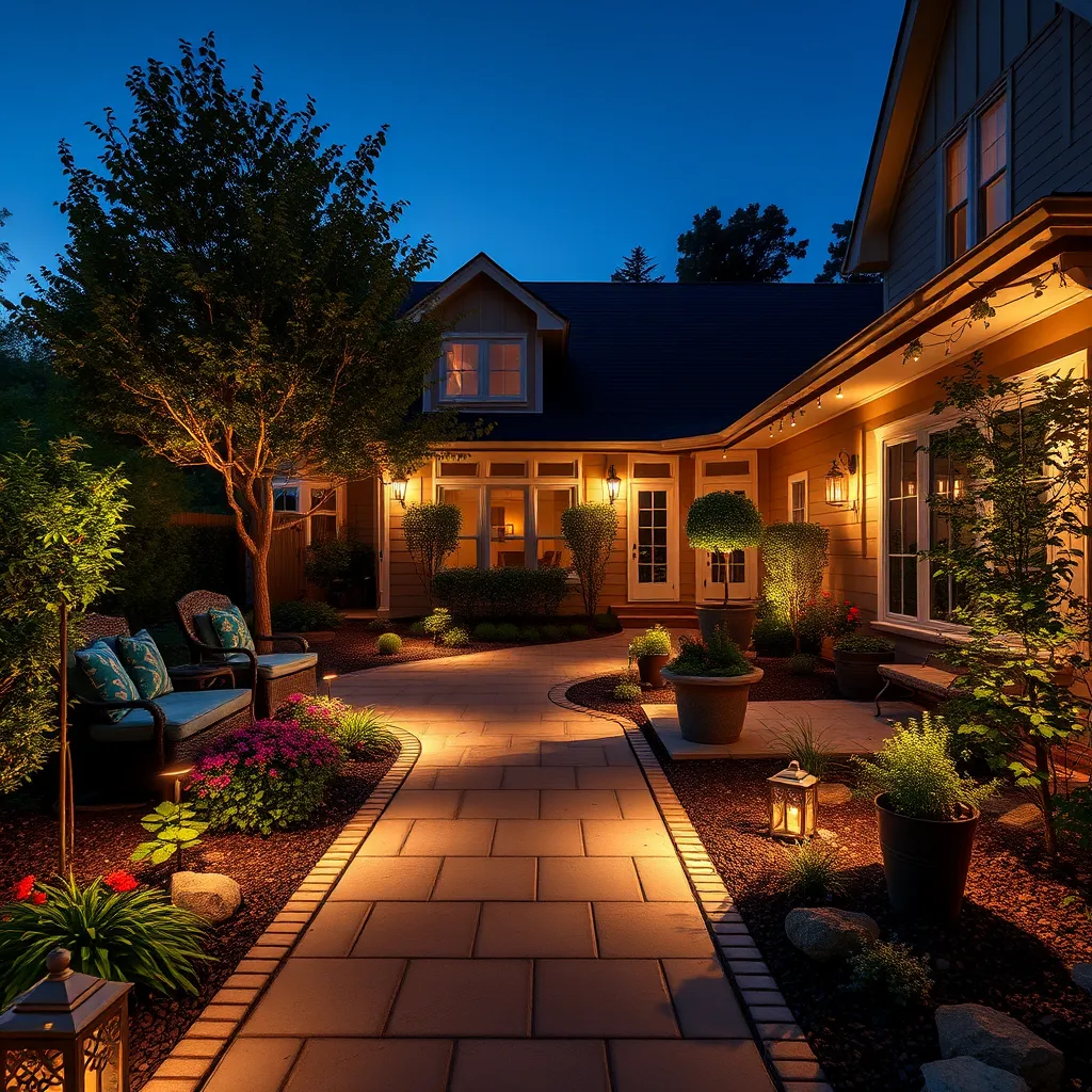 An inviting backyard at dusk, with elegant landscape lighting illuminating various features like pathways, flowerbeds, and seating areas. Soft glow from the lights highlights the architecture of the home and enhances the greenery, creating a magical evening atmosphere.