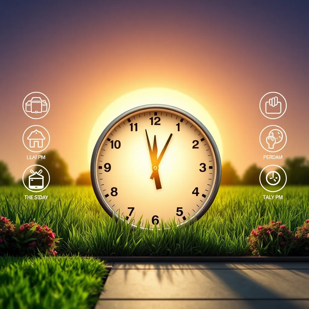 An inviting clock with highlighted hands positioned at 8:30 AM and 7:30 PM, surrounded by icons representing different days of the week. The sun is rising in the background, symbolizing a good morning start to lawn care services.