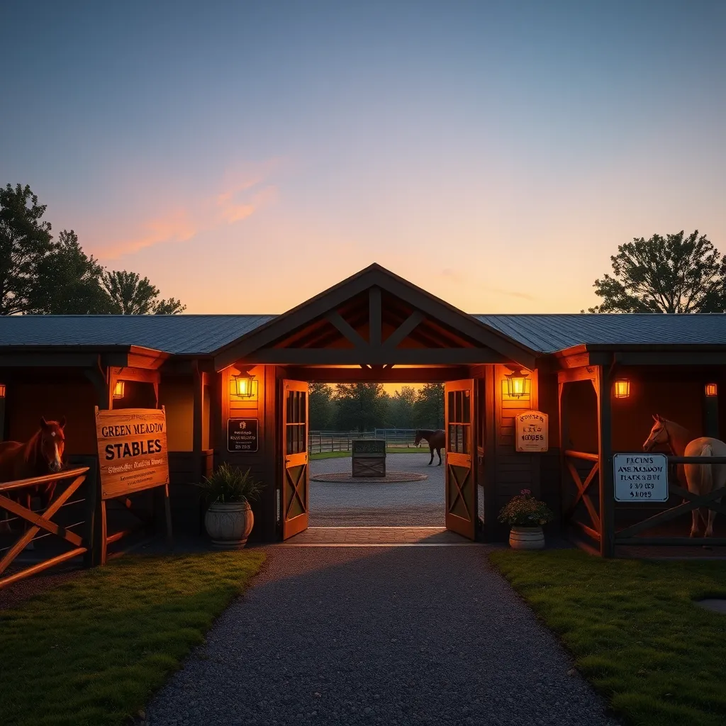 An inviting entrance to the Green Meadow Stables at sunset, with warm golden light illuminating the pathway. Signs displaying operating hours and a welcoming open door hint at the friendly service awaiting visitors. Horses are visible in their paddocks enjoying the evening.