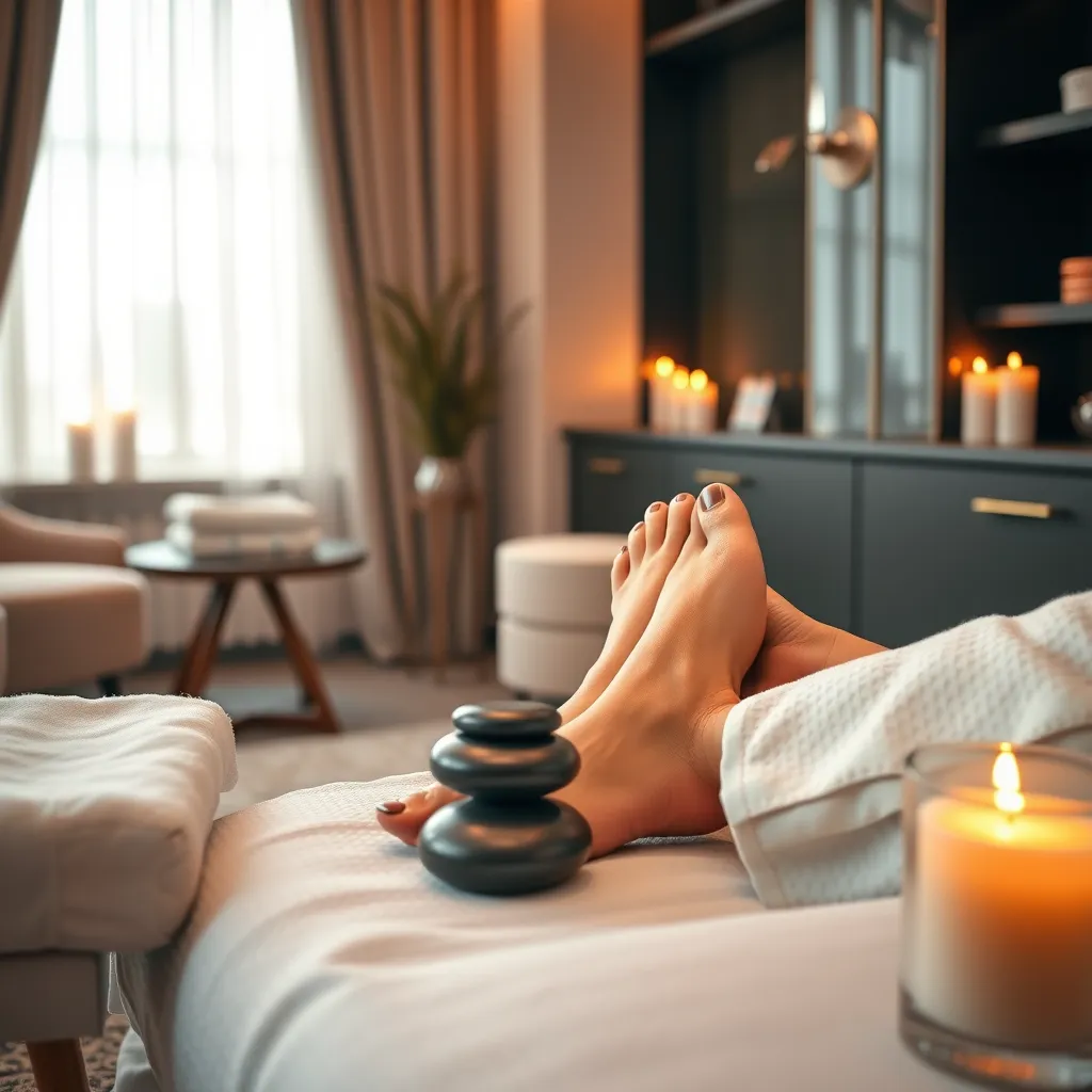An inviting nail salon scene featuring a customer enjoying a relaxing spa pedicure with hot stones placed on her feet. The atmosphere should evoke tranquility, with warm colors, soft towels, and calming candles in a sophisticated setting.