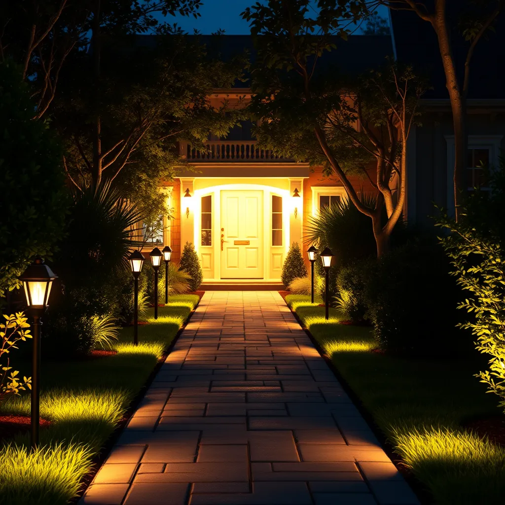 An inviting pathway leading to a home, illuminated by softly glowing pathway lights. The entrance is brightly lit, ensuring visibility, while the surrounding garden is subtly highlighted, enhancing both security and aesthetic appeal in a peaceful neighborhood setting.