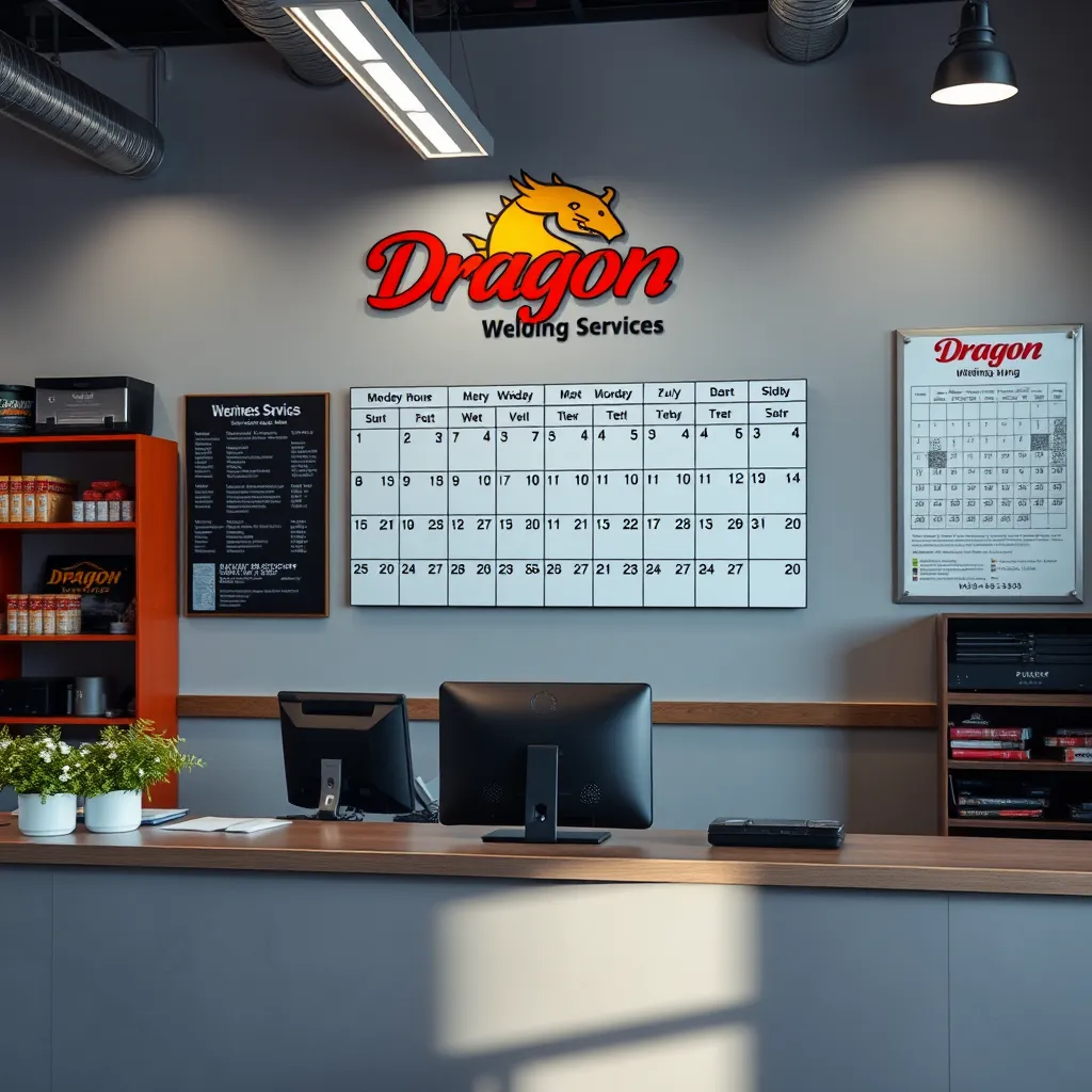 An inviting reception area of a welding business, featuring a modern desk with a phone and computer. Behind the desk is a large wall calendar highlighting business hours, with a visible logo 'Dragon Welding Services' and contact information prominently displayed.