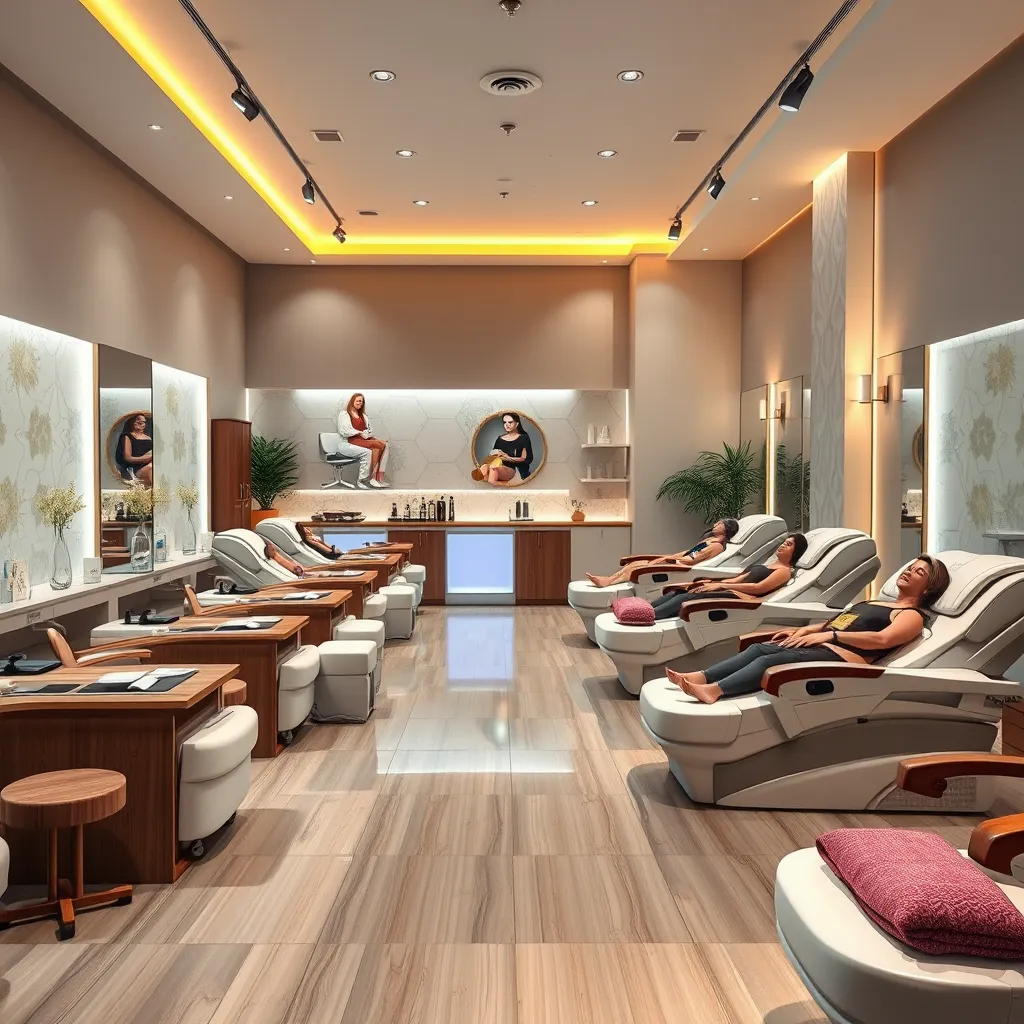 An inviting spa area in a nail salon with a serene atmosphere, showcasing clients enjoying spa treatments. Include elements like massage chairs, soothing lighting, and pampering accessories such as hot stones and paraffin wax treatment.