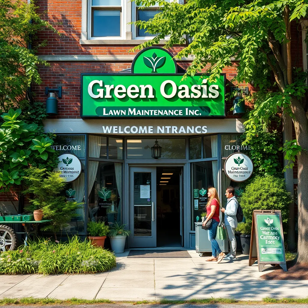 An inviting storefront of Green Oasis Lawn Maintenance Inc., located in a sunny neighborhood in Boston. Show welcoming entrance signs with lush greens surrounding the building, and people talking happily with lawn care experts.