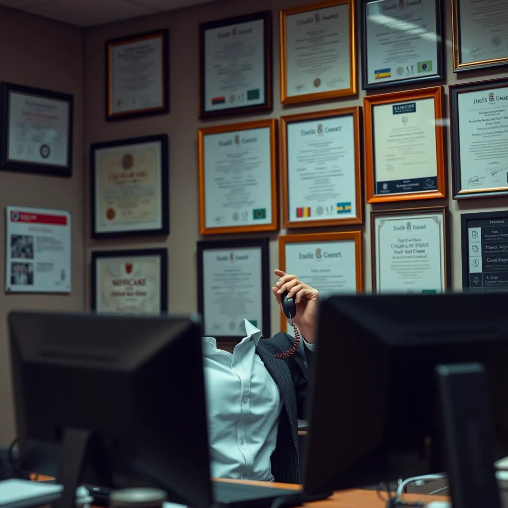 An office setting with a customer service representative speaking on the phone. There are framed licenses and insurance certificates on the wall. A visible focus on professionalism and trustworthiness, with a warm and inviting atmosphere.