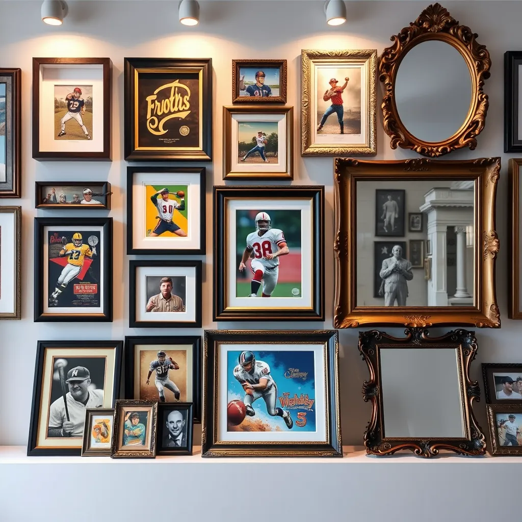 An organized display showcasing various framing samples, including shadowbox frames, elegant canvas stretches, and ornate mirror frames. Colorful sports memorabilia and antique collectibles are tastefully arranged, emphasizing the diversity and quality of framing options available.