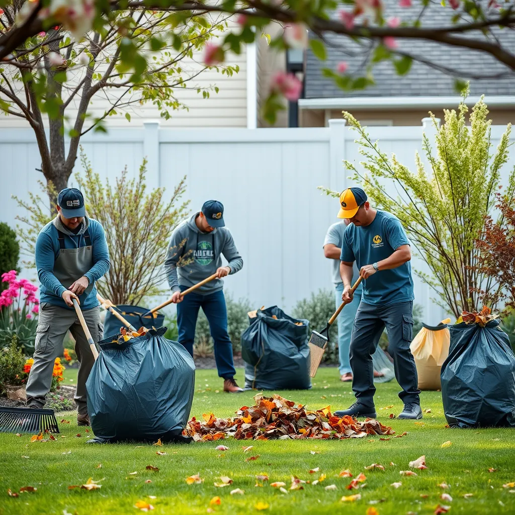 An organized team conducting a thorough spring cleanup in a residential yard. The image shows workers raking leaves, collecting debris, and bagging waste. A backdrop of freshly blooming flowers and a neat lawn adds to the vibrant atmosphere of the scene.