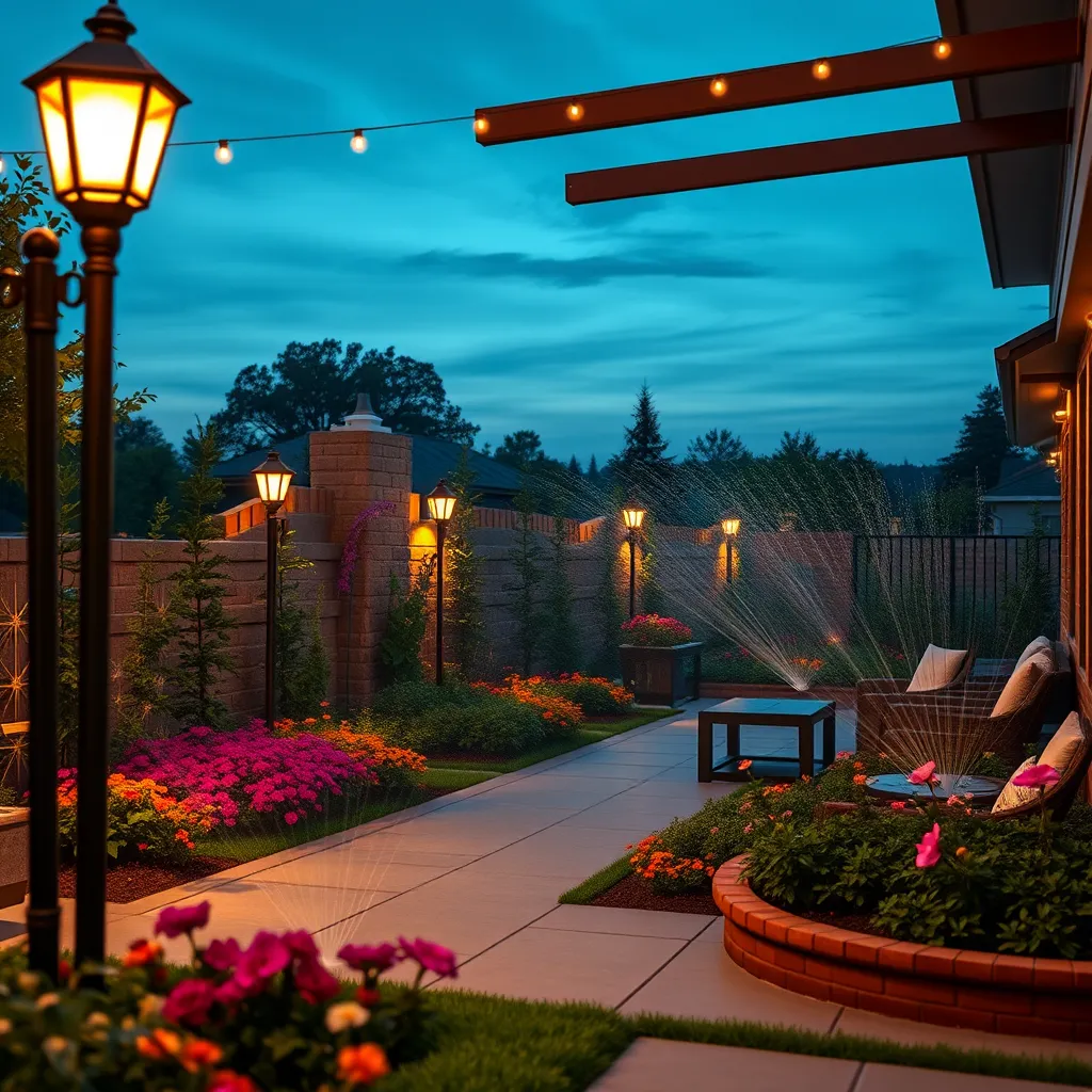 An outdoor patio area with both sprinkler systems and elegant lighting. The sprinklers are strategically placed amidst beautiful flower beds, and stylish outdoor lamps surround the seating area, creating a cozy, functional outdoor entertainment space during twilight.