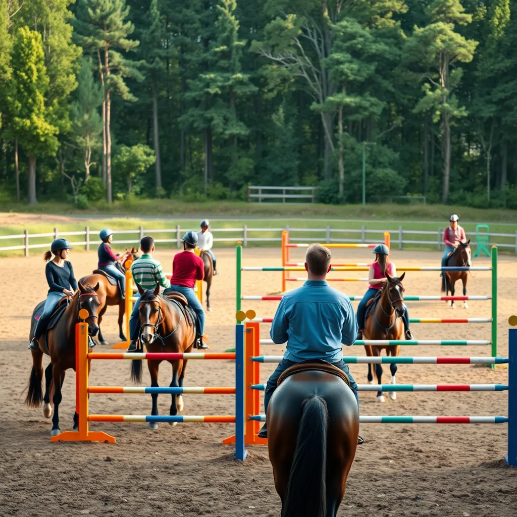 An outdoor riding arena with an instructor guiding a diverse group of riders of different ages and abilities. Colorful jumps are set up for horse jumping practice. Horses and riders are focused and working in harmony, capturing a dynamic atmosphere of learning.