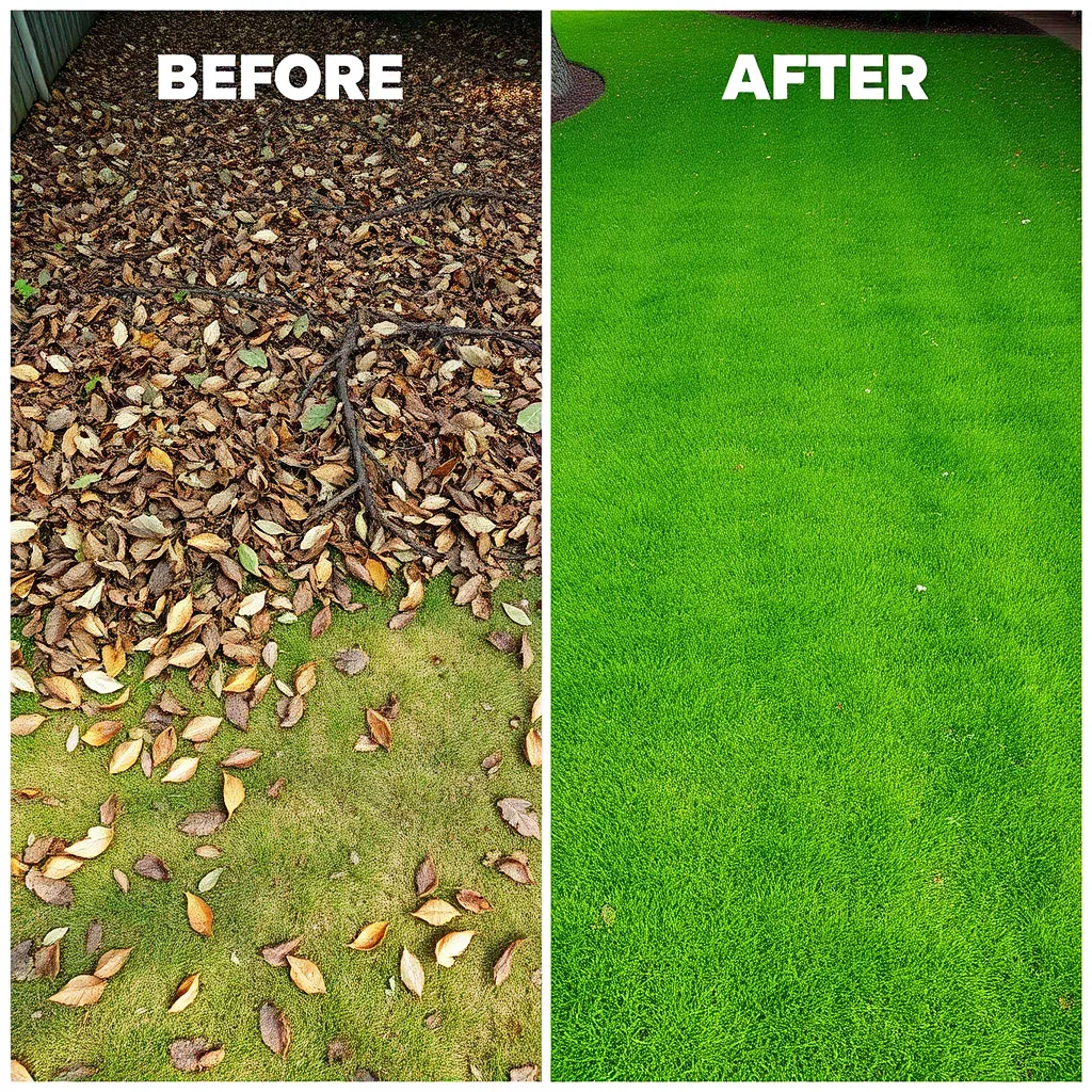 Before-and-after images showing a yard cluttered with leaves and branches transforming into a clean, manicured landscape. The second half shows a pristine green space with a clear path and healthy grass, highlighting the efficacy of clean-up services.