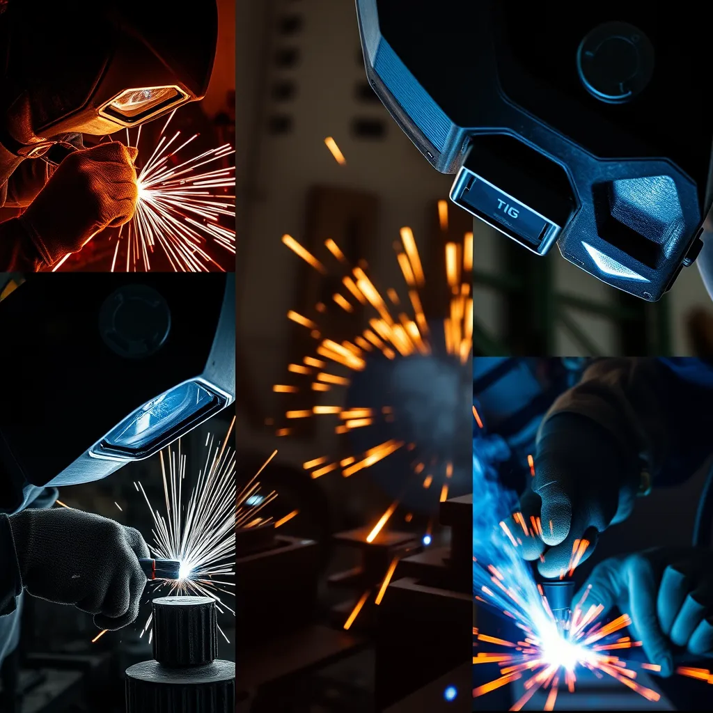 Close-up shots of different welding techniques being performed by welders in safety gear. Scenes include arc welding with visible sparks, TIG welding with its characteristic bright flare, and forge welding with heated metal. The background shows a variety of metal pieces and equipment involved in the welding process.