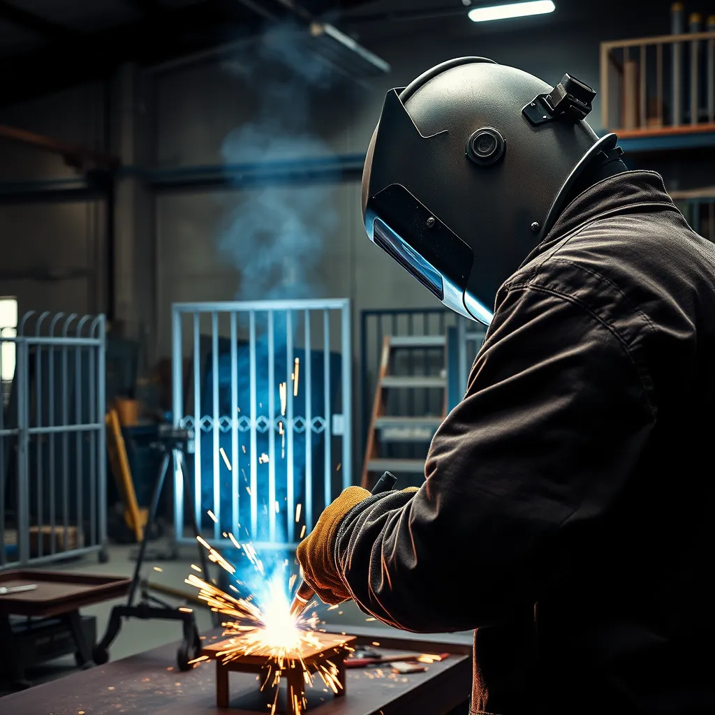 Compose a hyperrealistic, highly detailed image of a welding workshop where a welder is performing Shielded Metal Arc Welding (SMAW) on a metal gate. The setting should have soft diffused lighting with occasional bright sparks from the welding arc illuminating the scene. The color palette should include contrasts of cool metallics and the warm glow from the welding arc. Capture the detailed textures of the metal, the rough welding suit, and the reflective welding helmet. The environment should include various welded projects like gates, railings, and metal staircases in different stages of completion, tools scattered strategically, and safety equipment like gloves and goggles. The camera perspective should be close to the welder's shoulder to emphasize their skill and precision. The image should be created in 8K resolution, ultra-detailed, capturing the mood and atmosphere akin to professional welding photography.