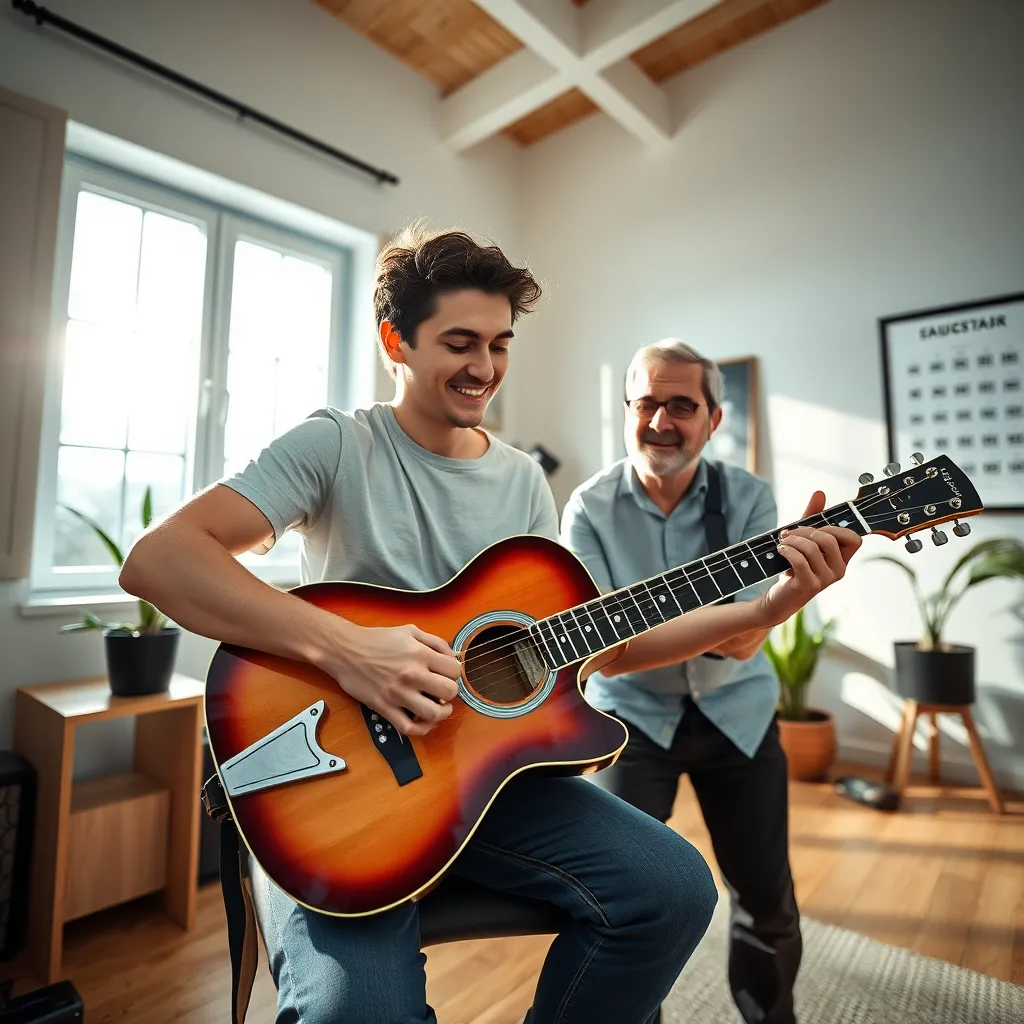 Compose a photorealistic, ultra-high quality image of a modern, well-lit room where a young adult is learning to play the guitar with an experienced instructor. The environment should have bright, natural lighting streaming through large windows, creating a cheerful atmosphere. The color palette includes shades of blue, white, and natural wood tones. The camera angle is at eye level, capturing the interaction between the teacher and the student. The guitar features a polished, sunburst finish with detailed wood grain and metallic strings. The room includes acoustic panels on the walls, a digital tuner on a side table, and a strap hanging from a hook. The background elements should show a neat, organized space with a few houseplants and a framed poster of a guitar chord chart. In the style of Annie Leibovitz, the image should be rendered in 8K resolution, hyperrealistic, and ultra-detailed, capturing the ambiance and texture of the setting.