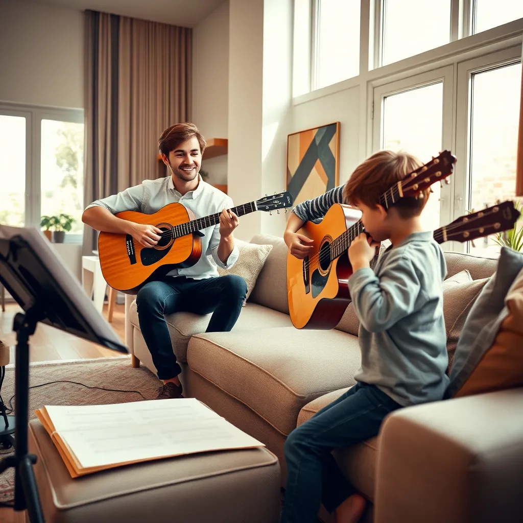 Craft a photorealistic image of a guitar lesson taking place in a spacious, modern living room. A young adult teacher, exuding enthusiasm and expertise, is teaching a teenager to play acoustic guitar. The teacher, seated on a comfortable sofa, demonstrates chord shapes while the student mirrors the positions. The room is bathed in soft, natural light from large windows, creating a bright and welcoming atmosphere. The color palette should consist of neutral tones with pops of color from decorative elements like cushions and wall art. The camera angle should be from a slightly low perspective, focusing on the interaction between the teacher and student and the details of their guitars. Emphasize the textures of the wooden guitar, fabric of the sofa, and subtle patterns on the student’s clothing. Props like a music stand with sheet music, a few other musical instruments, and a potted plant add context. Style the image to be hyperrealistic and ultra-detailed in 8K resolution, akin to lifestyle photography capturing candid, educational moments.