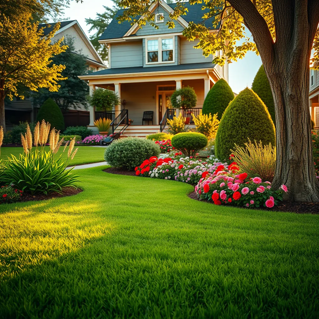 Create a photorealistic, ultra-high quality header image that captures the essence of a lush, well-maintained lawn. The composition should feature a vibrant green lawn in the foreground, with a neatly trimmed garden showcasing colorful flowers and sculpted shrubs to illustrate our shrub trimming and landscape bed installation services. The lighting should be warm, reminiscent of a golden hour sunset, creating an inviting and serene atmosphere. The color palette should incorporate fresh greens, vibrant florals, and earthy tones for a natural feel. Use a slightly elevated camera angle to provide a broad perspective of the lawn, capturing depth and detail in the texture of the grass and the bark of the trees. Background elements may include a charming Boston home and hints of neighboring landscapes. Include props like gardening tools or a lawnmower subtly placed to represent our services. Aim for a hyperrealistic style with 8K resolution and meticulous attention to detail in textures and materials, reflecting quality and professionalism., ultra high resolution, photorealistic, 8K, hyperdetailed, cinematic lighting