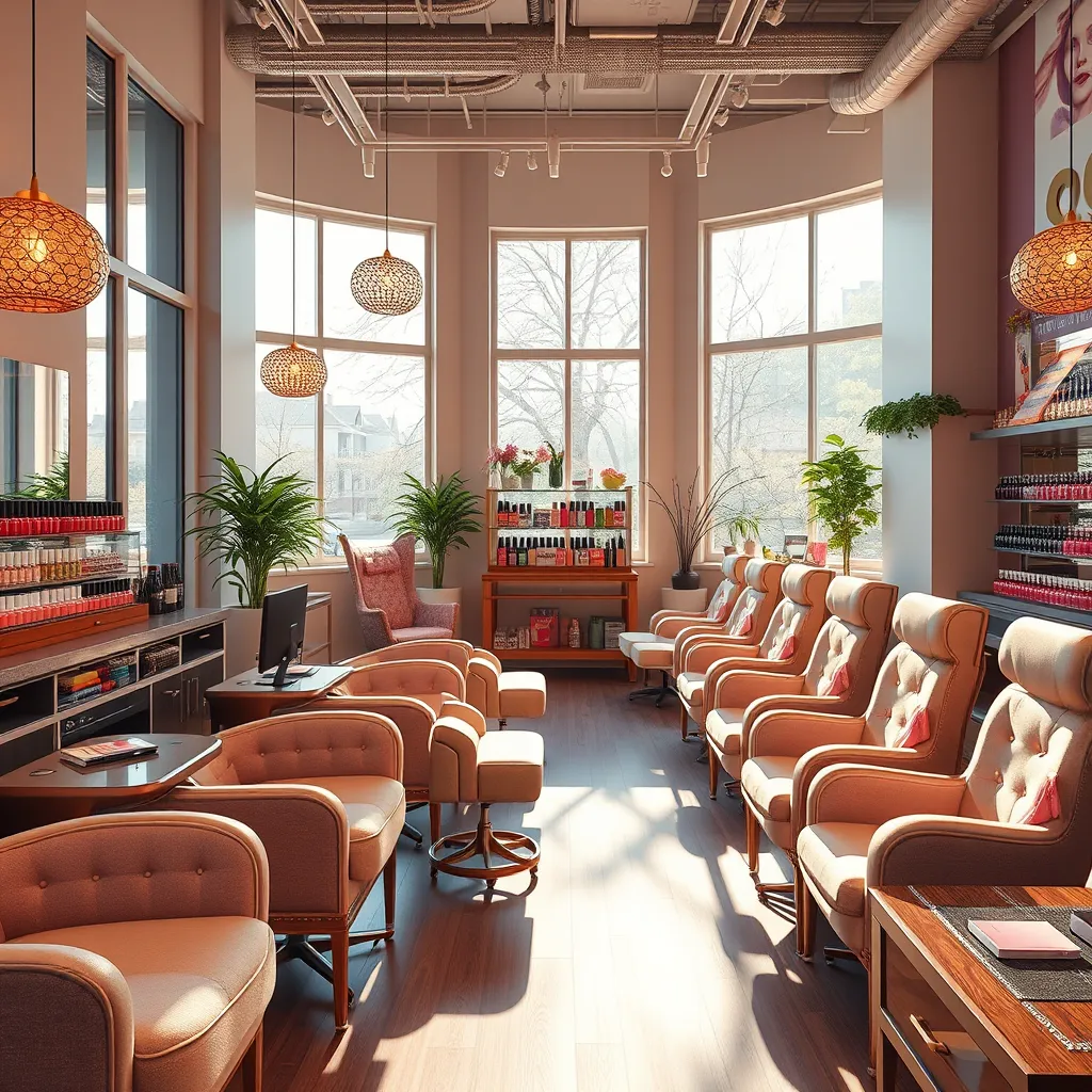 Create a photorealistic, ultra-high quality header image of Mariposa Nails, a cozy yet sophisticated nail salon in Chicago. Capture the interior of the salon featuring elegant nail stations with plush chairs and vibrant decorations, showcasing an array of nail polish colors. The lighting should be soft and warm to evoke a relaxing mood, with sunlight streaming through large windows, highlighting the sparkles in the polish. The color palette should include soothing pastels with hints of gold and blush to instill a sense of luxury. Use a slightly elevated angle to provide a comprehensive view of the environment while focusing on the nail stations and service area. Integrate textures such as soft fabrics of the chairs, glossy finishes of nail products, and wooden elements of the salon furniture. Include environmentally responsible product labels subtly displayed. The overall style should be inviting and chic, akin to a high-end spa. Ensure the image resolution is 8K, hyperrealistic, with intricate details that make the viewer feel as if they are stepping into the salon., ultra high resolution, photorealistic, 8K, hyperdetailed, cinematic lighting