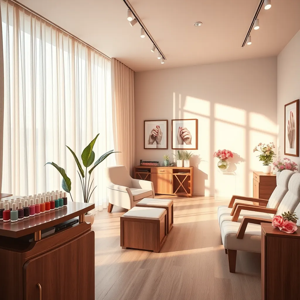Create a photorealistic, ultra-high quality header image showcasing an elegant nail salon interior of Mariposa Nails. The composition should feature a polished, modern manicure station with a well-lit backdrop accentuating a tranquil atmosphere. Soft, natural lighting should filter through large windows adorned with sheer curtains, casting a warm glow on the wooden furniture. The color palette should incorporate soft pastel shades—lavender, mint green, and blush pink—to evoke a calming mood. The camera angle should be a slightly elevated perspective, capturing the manicure station, a display of vibrant nail polish bottles, and a plush pedicure chair in the background. Include texture details like the smooth finish of the nail polish bottles, the soft fabric of the salon chairs, and the delicate petals of fresh flowers on the reception desk. Environmental elements could include potted plants and framed artwork showcasing nail designs. Reference contemporary design styles with clean lines and minimalistic decor. Technical specifications: 8K resolution, hyperrealistic., ultra high resolution, photorealistic, 8K, hyperdetailed, cinematic lighting
