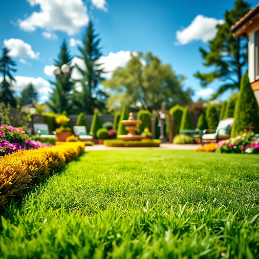 Create a photorealistic, ultra-high quality image showcasing a beautifully manicured lawn on a sunny day. The focal point should be a vibrant, lush green lawn with expertly trimmed shrubs and colorful flower beds. In the background, incorporate a cozy patio area with elegant outdoor furniture and a charming garden path leading to a small fountain, adding serenity to the scene. Use bright, natural lighting to highlight the vivid colors and textures of the grass and foliage, evoking a cheerful and inviting mood. Select a low-angle shot to emphasize the lushness of the lawn, with a slightly blurred bokeh effect on the background to create depth. Include environmental elements such as tall trees and a blue sky dotted with fluffy white clouds, enhancing the idyllic atmosphere. Aim for an 8K resolution with hyperrealistic detailing to showcase the textures of the grass, wood, and stone. Style reference: a modern outdoor living magazine cover., ultra high resolution, photorealistic, 8K, hyperdetailed, cinematic lighting