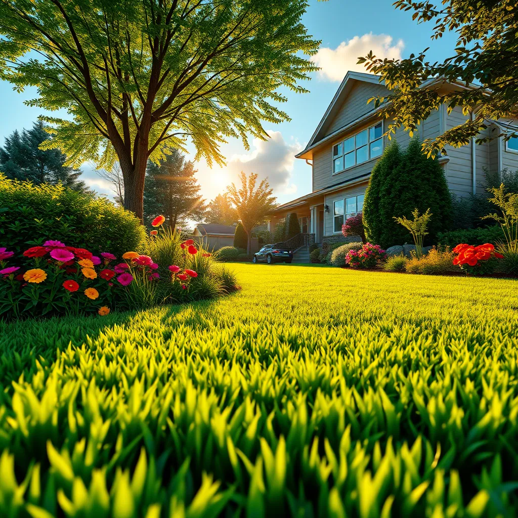 Create a photorealistic, ultra-high quality header image depicting a vibrant, manicured lawn with an array of lush greenery. The composition should showcase a well-maintained yard with perfectly trimmed grass, colorful flower beds, and healthy shrubs, symbolizing the professionalism of Green Oasis Lawn Maintenance Inc. The lighting should be golden hour, casting a warm and inviting glow to enhance the colors of the grass and flowers. Use a rich color palette dominated by various shades of green, accented with bright flowers like reds, yellows, and purples, to evoke a sense of tranquility and vibrancy. The camera should be positioned at a low angle, focusing on the lawn with the house in the background to give a welcoming perspective. Incorporate fine textures of grass blades, flower petals, and tree bark for realism. Add environmental elements like a clear blue sky, light fluffy clouds, and a gentle breeze rustling through the leaves. Include props such as a lawn mower and gardening tools subtly in the background to hint at the services provided. The style should reflect hyperrealism, ensuring intricate details are captured. Specifications: 8K resolution, hyperrealistic., ultra high resolution, photorealistic, 8K, hyperdetailed, cinematic lighting