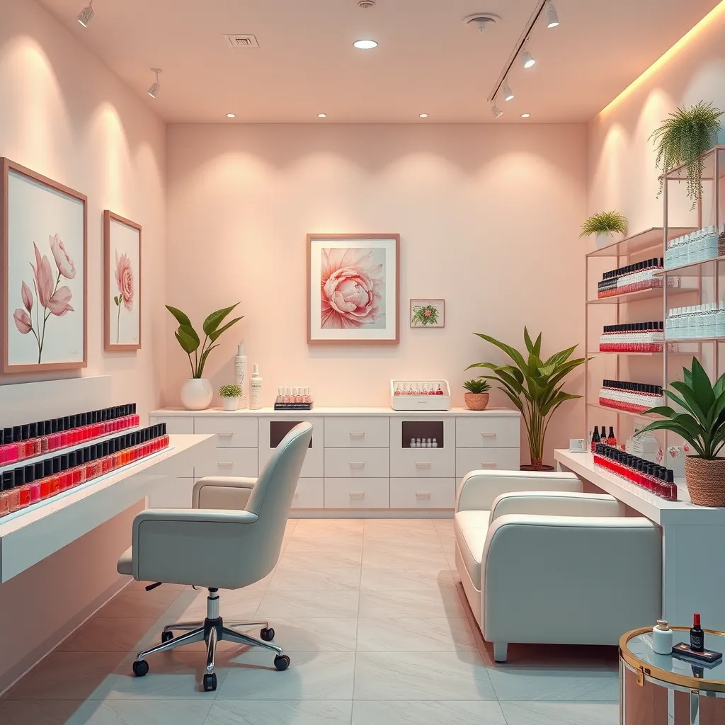 Create a photorealistic header image for Mariposa Nails, showcasing a serene nail salon environment. The composition should feature a chic manicure station with a beautifully arranged array of nail polish bottles in vibrant colors. The lighting should be soft and warm, enhancing the inviting atmosphere of the salon. Use a color palette that includes soft pinks, whites, and pastel hues to evoke a sense of tranquility and sophistication. Capture the image from a slightly elevated angle to give an overview of the space, including a plush chair and elegant decor. Textures should reflect the smooth surfaces of the polish bottles and the plush seating materials. Incorporate environmental elements such as potted plants, calming artwork on the walls, and neatly arranged nail tools. Props should include a stylish nail art display and a shelf filled with environmentally responsible products. Style references should draw from luxurious spa environments, and ensure the image is in 8K resolution and hyperrealistic quality to attract potential clients., ultra high resolution, photorealistic, 8K, hyperdetailed, cinematic lighting