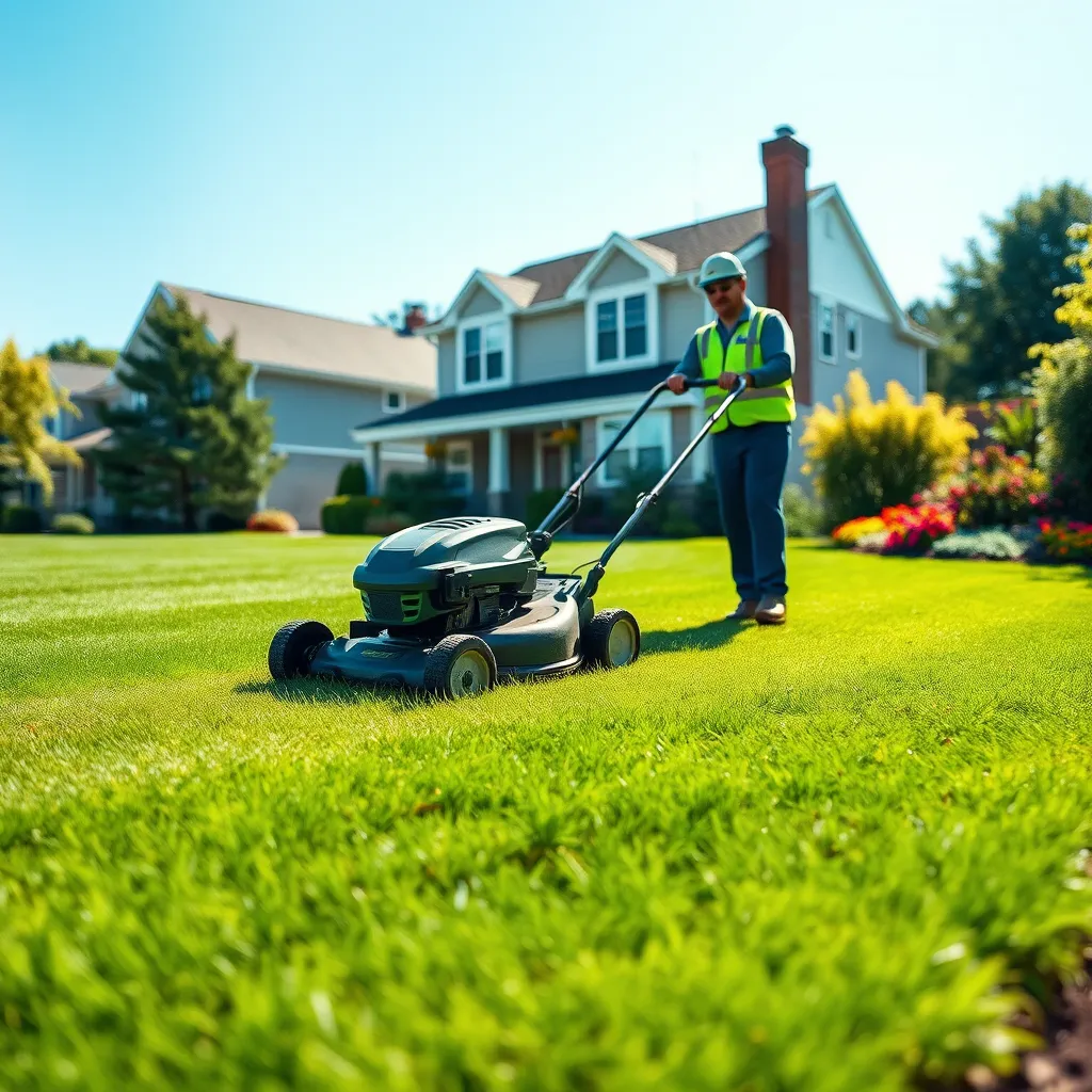 Create a photorealistic image of a lush, well-maintained green lawn in a suburban Boston neighborhood, showcasing a vibrant blue sky above. In the foreground, include a professional lawn care technician in uniform, using a high-quality lawn mower, with neatly trimmed grass. The composition should feature a vibrant flower bed with colorful blooms to the side, enhancing the visual appeal. Emphasize bright, natural lighting to convey a sunny day, with rich, vivid greens and pops of color from the flowers. Capture a slightly elevated perspective to showcase the lawn's expanse, with a hint of the house in the background, giving a sense of home and care. The texture of the grass should be vivid and realistic, while the materials of the mower and the technician's clothing should be detailed. Add a soft-focus effect on the background to maintain emphasis on the lawn care process. Aim for 8K resolution, hyperrealistic detail, and an inviting, warm atmosphere., ultra high resolution, photorealistic, 8K, hyperdetailed, cinematic lighting