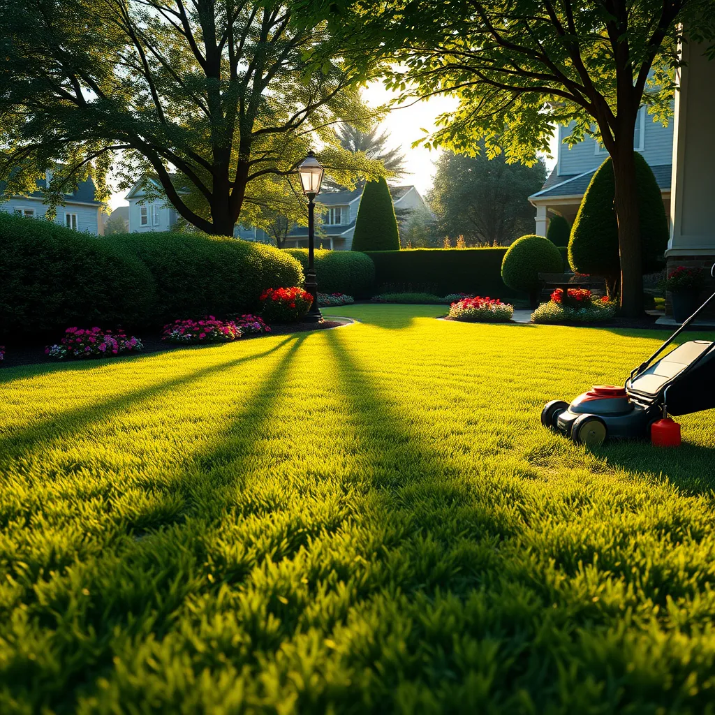 Create a photorealistic image showcasing a beautifully manicured lawn in a serene suburban Boston neighborhood during late afternoon golden hour. The composition should feature a lush, green lawn with precise lines from recent mowing, surrounded by vibrant flower beds in full bloom. Include a well-maintained shrub hedge and a few ornamental trees in the background, casting soft shadows on the grass. The sunlight should filter through the leaves, enhancing the earthy color palette with rich greens, warm yellows, and soft browns, creating a calm and inviting mood. Capture the scene from a low angle, emphasizing the texture of the grass blades glistening with dew. Add subtle props like a professional lawnmower parked nearby and colorful gardening tools placed casually on a patio table. Style references can include a mixture of modern and natural aesthetics. The image should be of hyperrealistic quality, rendered in 8K resolution to capture all intricate details., ultra high resolution, photorealistic, 8K, hyperdetailed, cinematic lighting