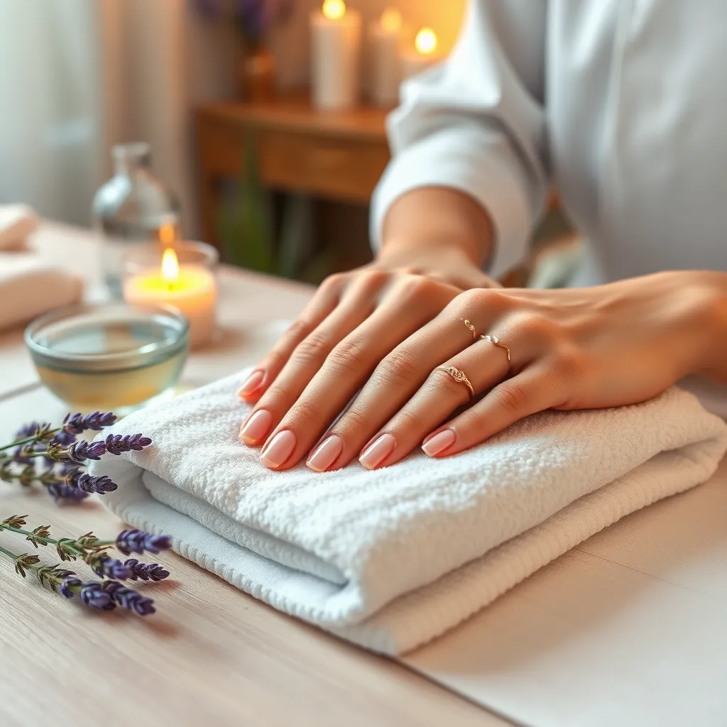 Create a photorealistic image of a luxurious spa manicure. The scene shows a serene salon setting with soft diffused lighting. A close-up of hands gently resting on a white towel, showcasing beautifully manicured nails with a subtle pastel color. Surround the hands with natural elements such as a small bowl of warm water, fresh lavender, and a few candles casting a warm glow. Include textures of soft linens, glass, and polished wood for the table surface. The overall color palette should evoke calmness with soft pinks, creams, and earth tones. Frame the shot from a slightly elevated angle to include the relaxing ambiance of the salon without showing customers, similar to the style of a lifestyle photographer. The image should be in 8K resolution with hyperrealistic detail highlighting the smoothness of the nails and the delicate embellishments like tiny pearls or floral designs.