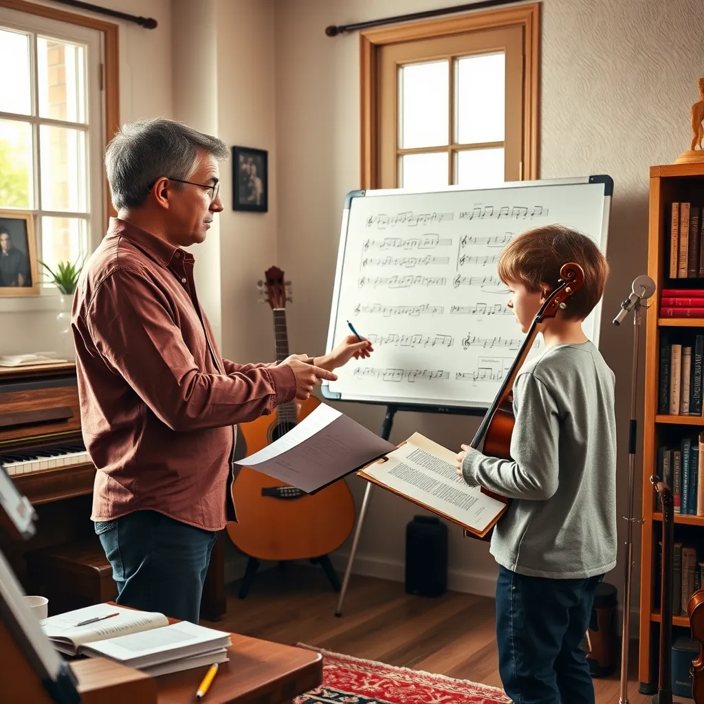 Create a photorealistic image of a cozy home music studio with a teacher instructing a young student. The teacher, an experienced and friendly-looking person in their mid-30s, is pointing at a whiteboard filled with music notes and theory diagrams. The student, a child around 8 years old, is attentively listening while holding a music workbook. Soft, diffused lighting from a nearby window creates a warm and inviting atmosphere. The room is decorated with musical instruments like a piano, guitar, and violin. The color palette should include warm, inviting tones such as earthy browns, cozy beiges, and touches of vibrant colors like red and blue. The camera angle should be at eye level, capturing both the teacher and the student in profile from a slightly off-center perspective. Textures of the wooden furniture, paper, and musical instruments should be clearly detailed. Props like a metronome, music stand, and bookshelf filled with music books add authenticity. The style should be hyperrealistic with ultra-detailed 8K resolution and inspired by the work of contemporary photographers who focus on educational or intimate home settings.