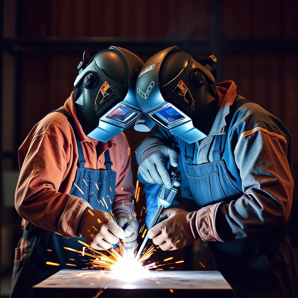 A detailed, photorealistic image of a group of certified welders in a workshop. Each welder is wearing protective gear and holding different tools or working on various projects. The setting is a well-equipped and organized welding shop, exuding professionalism and expertise.