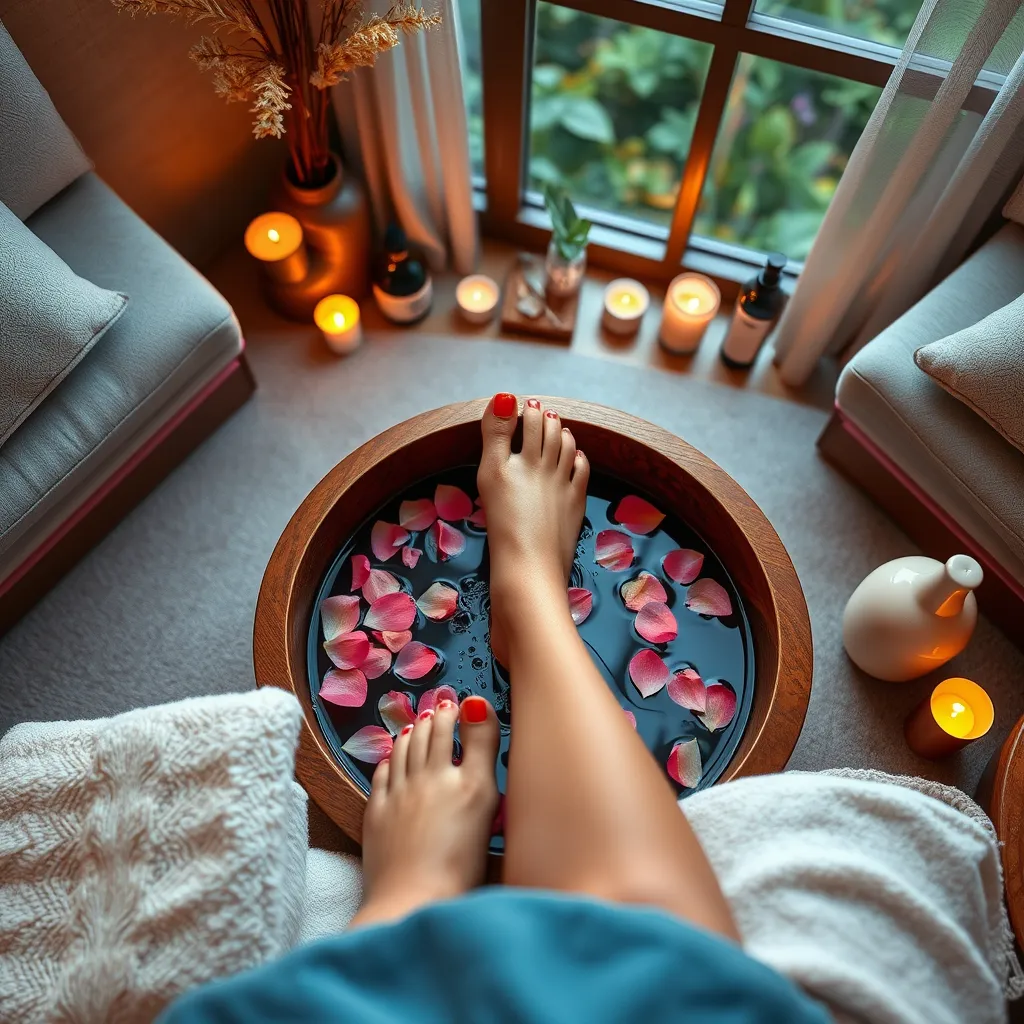 Create a stunning image of a relaxing spa pedicure scenario that conveys serenity and indulgence. The focal point should be a foot soaking in a stylish wooden basin filled with petals and warm water, illuminated by soft ambient lighting. The pedicure area should have plush seating with a soft, inviting color palette of blues and creams. Surround the basin with tools and products arranged artfully, including an array of eco-friendly lotions and scrubs. Capture the gentle splash of water and the texture of flower petals, enhancing the tranquil mood. Position the camera at a top-down angle, ensuring to highlight the polished toenails in a vibrant coral shade shimmering under the light. Incorporate elements like scented candles and a soothing view of outdoor greenery through a window to evoke an inviting atmosphere. This image should be generated in hyperrealistic style and 8K resolution, designed to convey comfort and elegance.