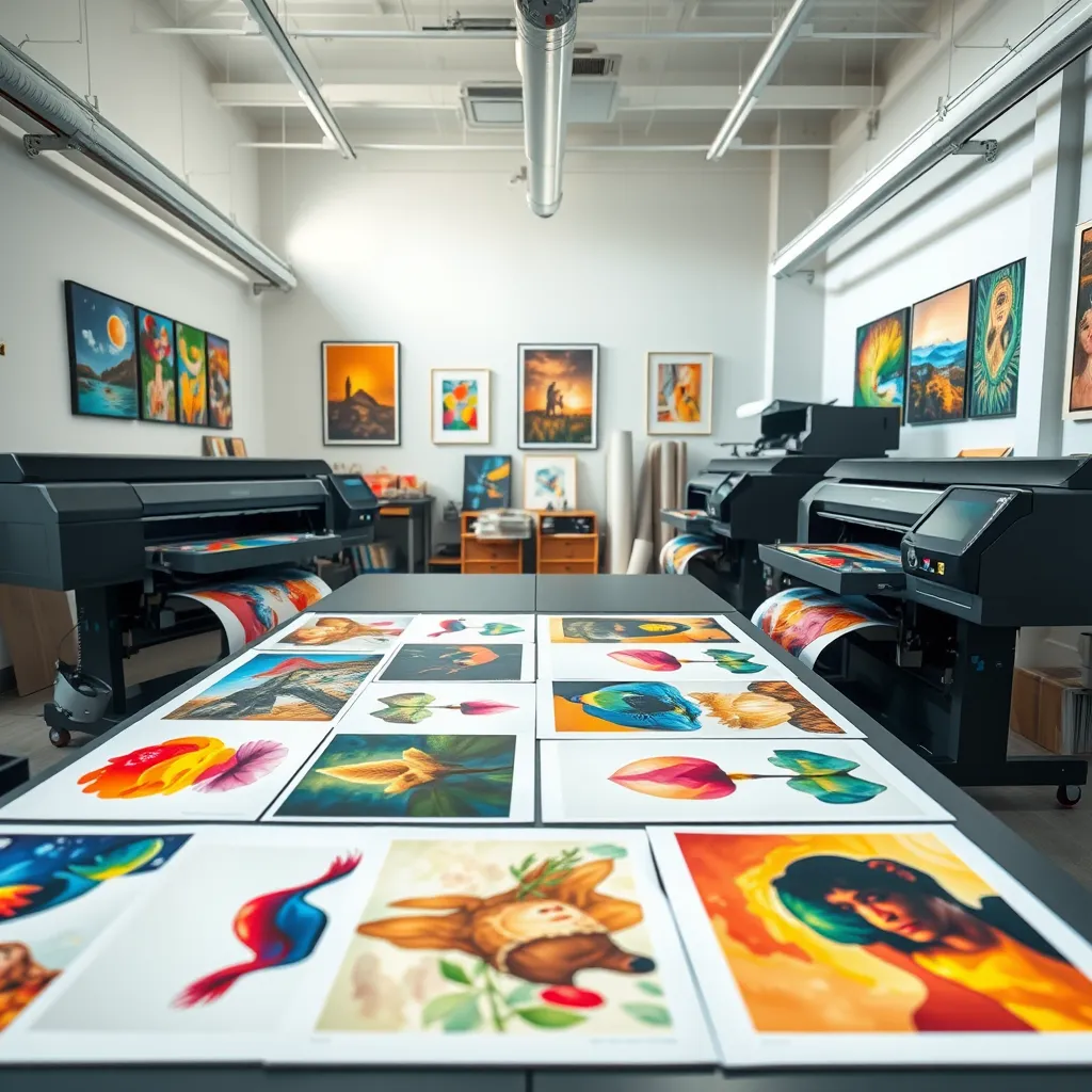 Create an image depicting a professional printing studio with high-end printers producing stunning fine art prints. The atmosphere should be bright and energetic, with soft diffused lighting highlighting the vibrant colors of the artworks being printed. Capture a range of art print proofs laid out on a large tabletop, showcasing an array of styles such as watercolors, oil paintings, and mixed media pieces. The color palette should be lively, emphasizing the vibrancy and richness of the prints. Shoot from a slightly angled perspective to highlight the printers in action, while including details of the ink cartridges and printouts. Incorporate elements like artwork hanging on the walls and rolls of archival paper in the background. Style the image to be ultra-detailed and hyperrealistic in 8K resolution, demonstrating the precision and professionalism of the fine art printing process.