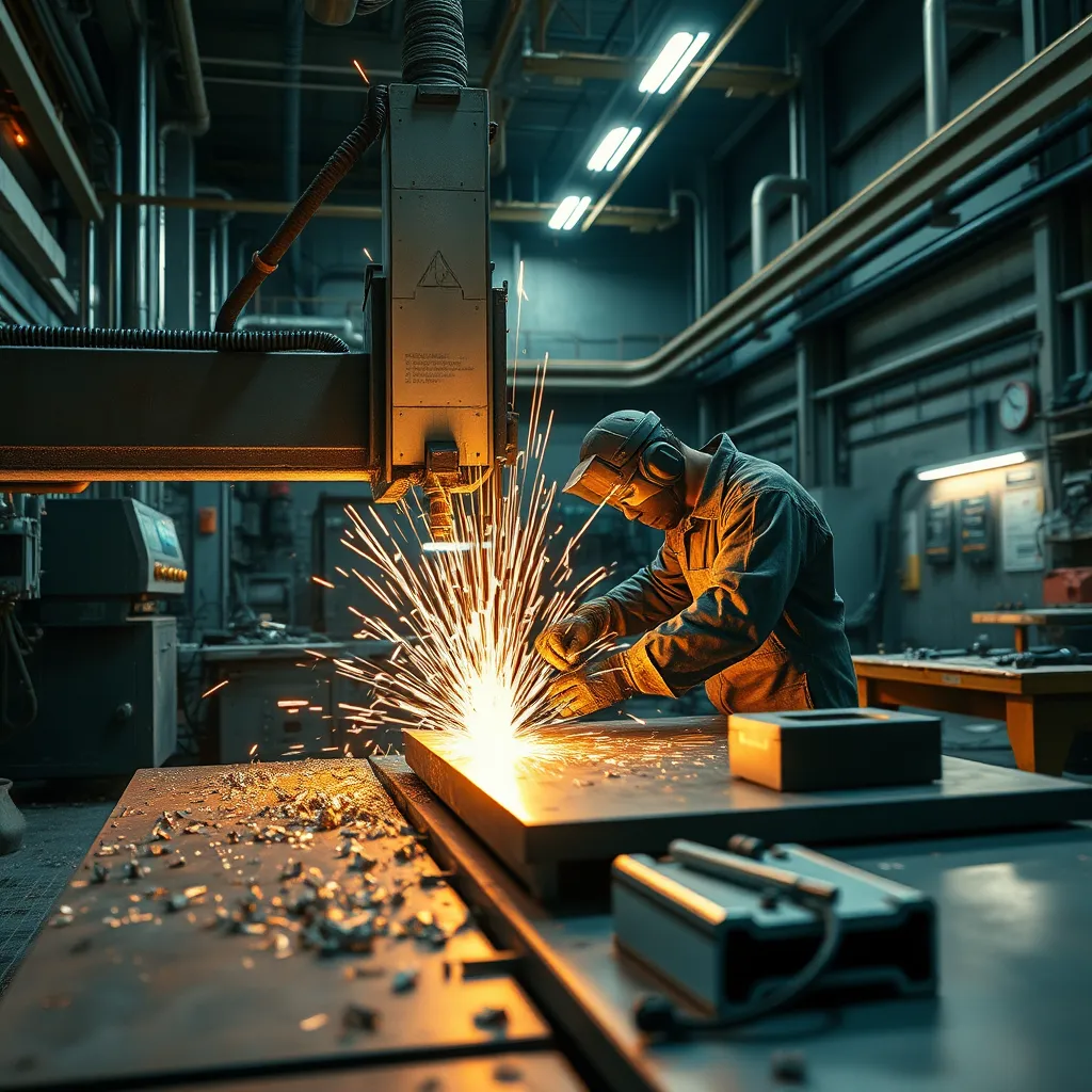 Create an ultra-detailed photorealistic image of a high-tech metal cutting workshop. Focus on a skilled worker operating a CNC plasma cutting machine, with brilliant sparks flying off the metal sheet being cut. The scene should have a mix of cool and warm tones, with dramatic side lighting to emphasize the textures and intricacies of the cut metal and machinery. Metal shavings and tools should be scattered realistically on a workbench in the background. The environment should include robust steel surfaces, modern machines, safety signs, and ambient industrial elements like exposed pipes. Set the camera angle at a slightly low perspective to capture the scene's intensity and scale. The entire image should be in 8K resolution, hyperrealistic, and richly textured, inspired by the style of professional industrial photography.