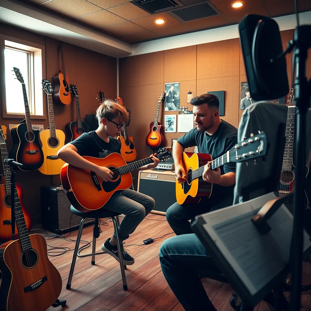 Create an ultra-high quality image of a modern music studio focused on a guitar lesson. The setup includes soundproof walls adorned with various guitars, both acoustic and electric. Lighting is dynamic with a mix of natural light from a small window and dramatic side lighting to highlight the guitars and the interaction between teacher and student. The color palette includes warm browns, blacks, and metallic hues. Capture the intricate wood grain of the guitars, the strings, and the small details of the musical equipment. The perspective is from the side, showing a teenage student sitting on a stool, strumming a guitar, with the teacher, a man in his 30s, attentively providing feedback. The background includes an amplifier, a stand with sheet music, and a few posters of famous musicians. The mood is inspiring and energetic. Style references: the high-contrast, detailed photography of Martin Schoeller. Technical specifications: 8K resolution, hyperrealistic, ultra-detailed.