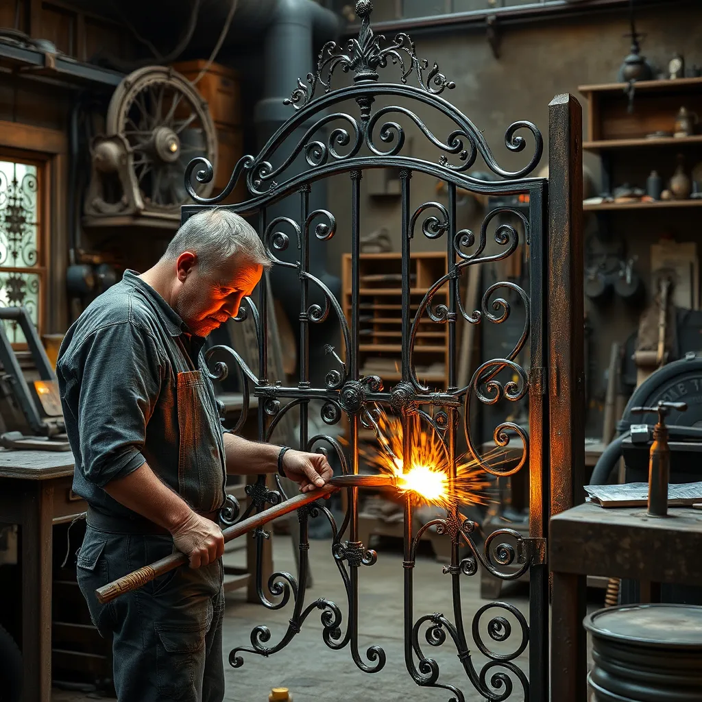 Detailed image of an artisan in a workshop, carefully forging an ornate metal gate, with other examples of handcrafted steel furniture and fixtures in the background. The environment should combine traditional blacksmithing tools with modern welding equipment.