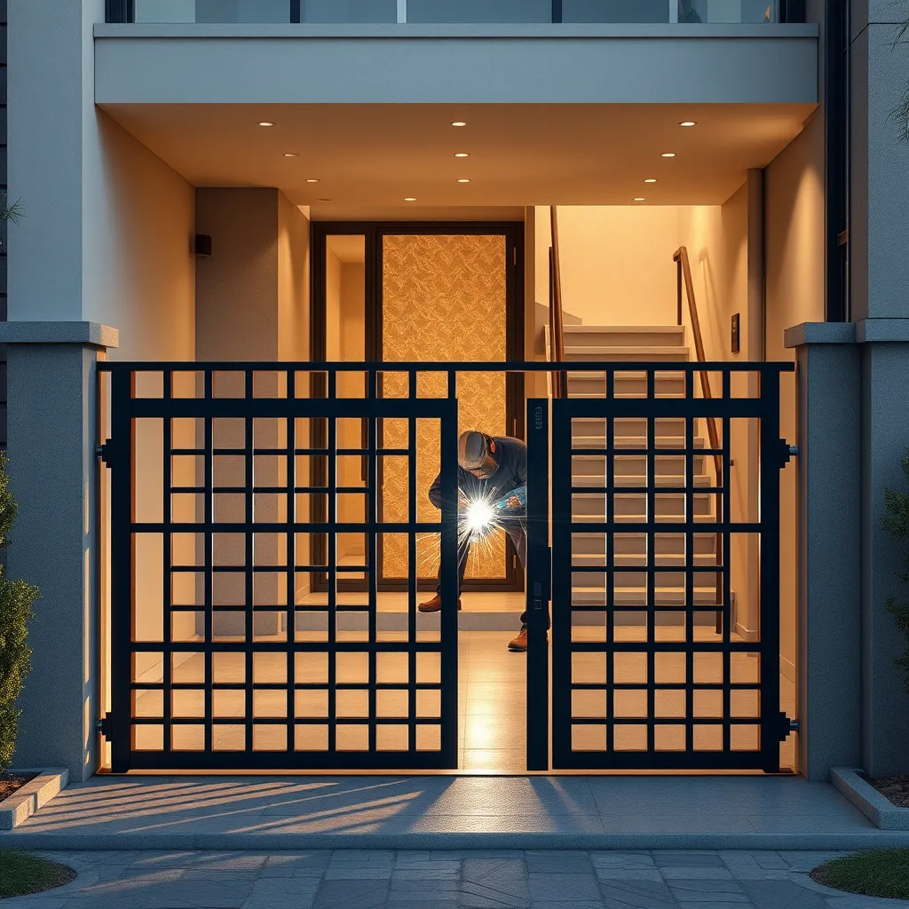 Detailed photorealistic image of a modern gate and railing installation at the entrance of a stylish home, with a welder installing a custom metal staircase in the background. The materials should shine, reflecting the high-quality craftsmanship.