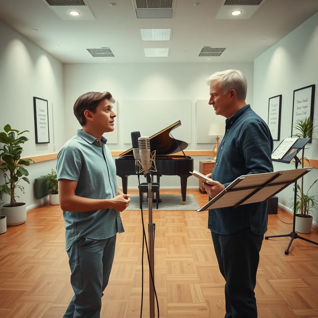 Generate a photorealistic, ultra-high quality image of a serene music classroom where an adult student is receiving vocal training. The setting features soft diffused lighting that creates a calm, focused mood. The color palette highlights soft pastels with touches of white and green. The camera angle is front-facing, capturing both the student singing into a professional microphone and the teacher giving feedback. The microphone has a sleek, metallic finish, while the classroom's wooden floors and acoustic panels add a warm, inviting texture. Environmental elements include a standing piano in the background, framed inspirational quotes on the walls, and a few potted plants. A music stand with sheet music adds a touch of realism. In the style of Richard Avedon, the image should be rendered in 8K resolution, hyperrealistic, and ultra-detailed, focusing on the intricate details of the scene and the textures of the materials.